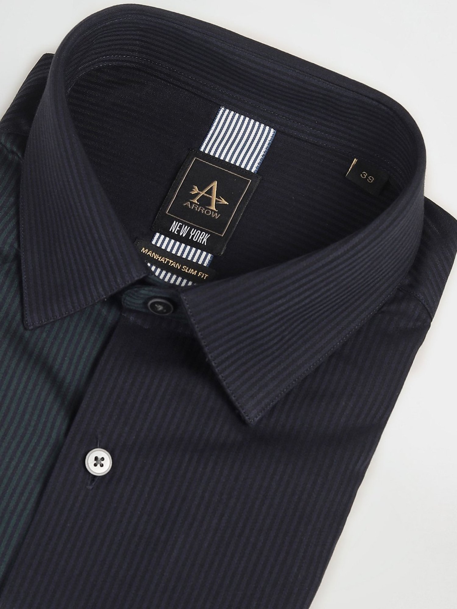 Arrow New York Green Cotton Slim Fit Striped Shirt