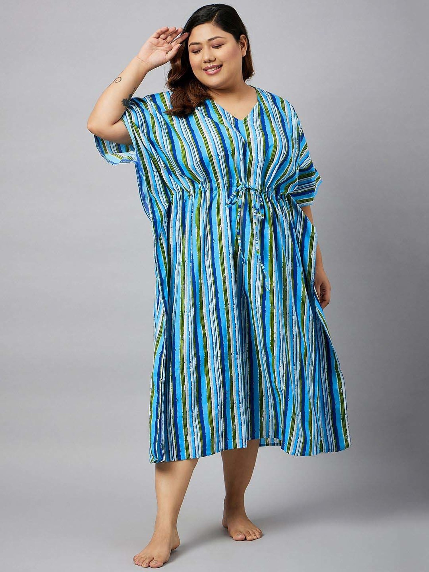 Secrets By ZeroKaata Peacock Blue Cotton Printed Kaftan