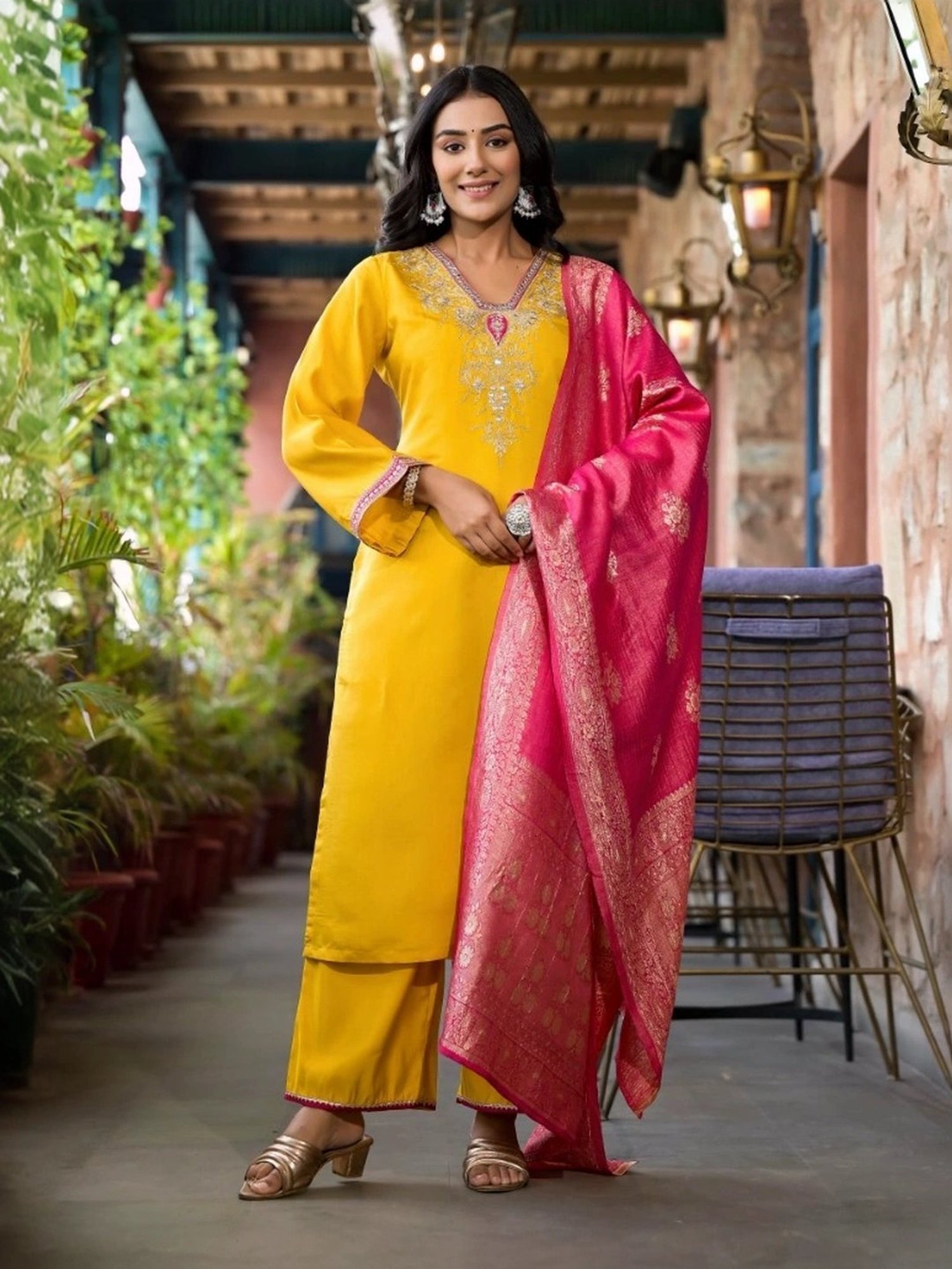 Juniper Yellow Embroidered Kurta Pant Set With Dupatta