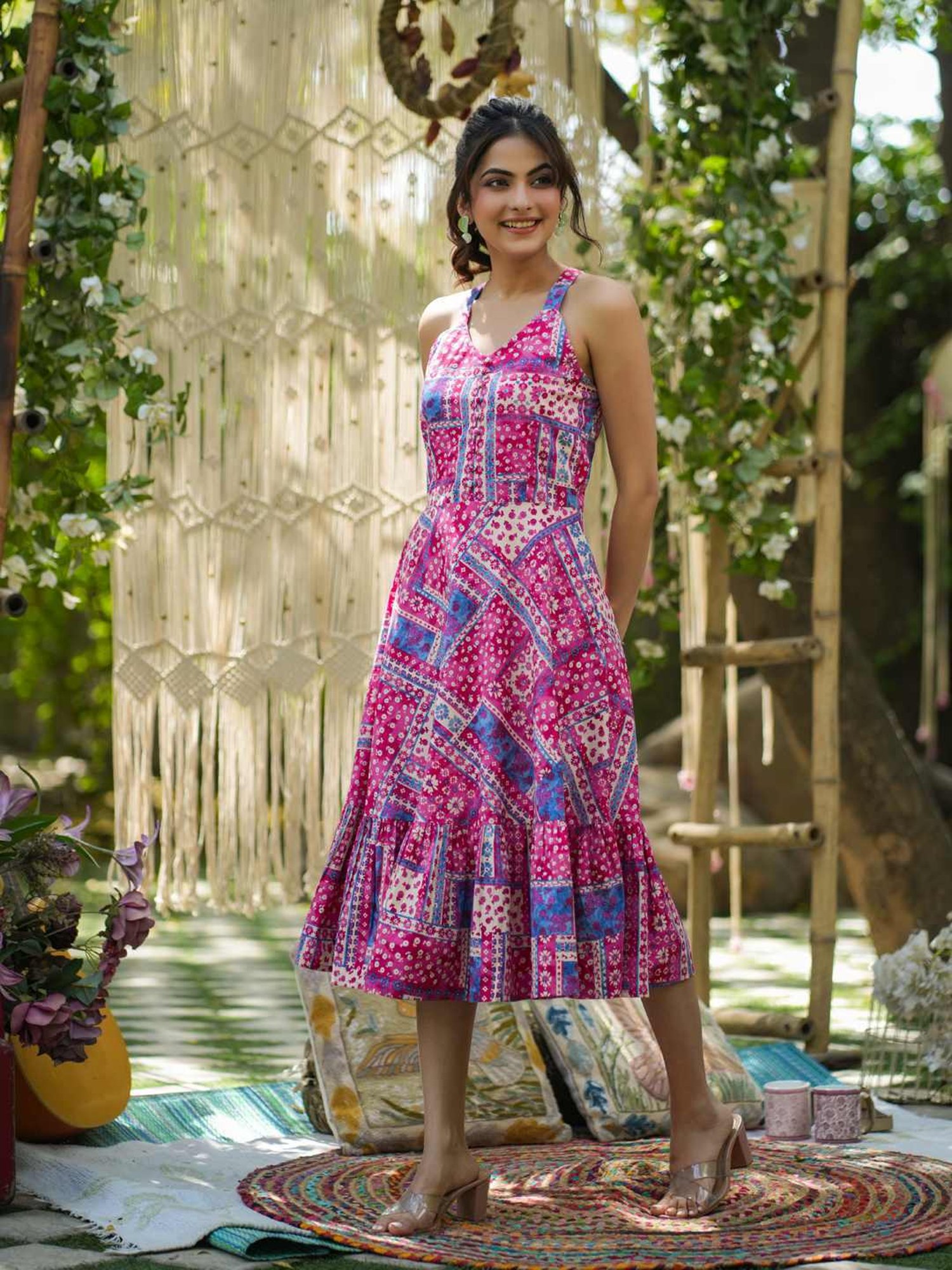 Rain and Rainbow Pink Cotton Printed A-Line Dress