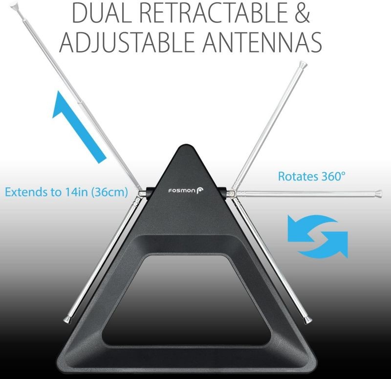 Fosmon HDTV Antenna 25-40 Miles Range, Indoor Rabbit Ear TV Antenna, Retractable Dipoles [Wall Mountable or Tabletop] with 5FT Cable Support 4K Ready, ATSC 3.0, UHF, VHF, 1080p Free TV Channel