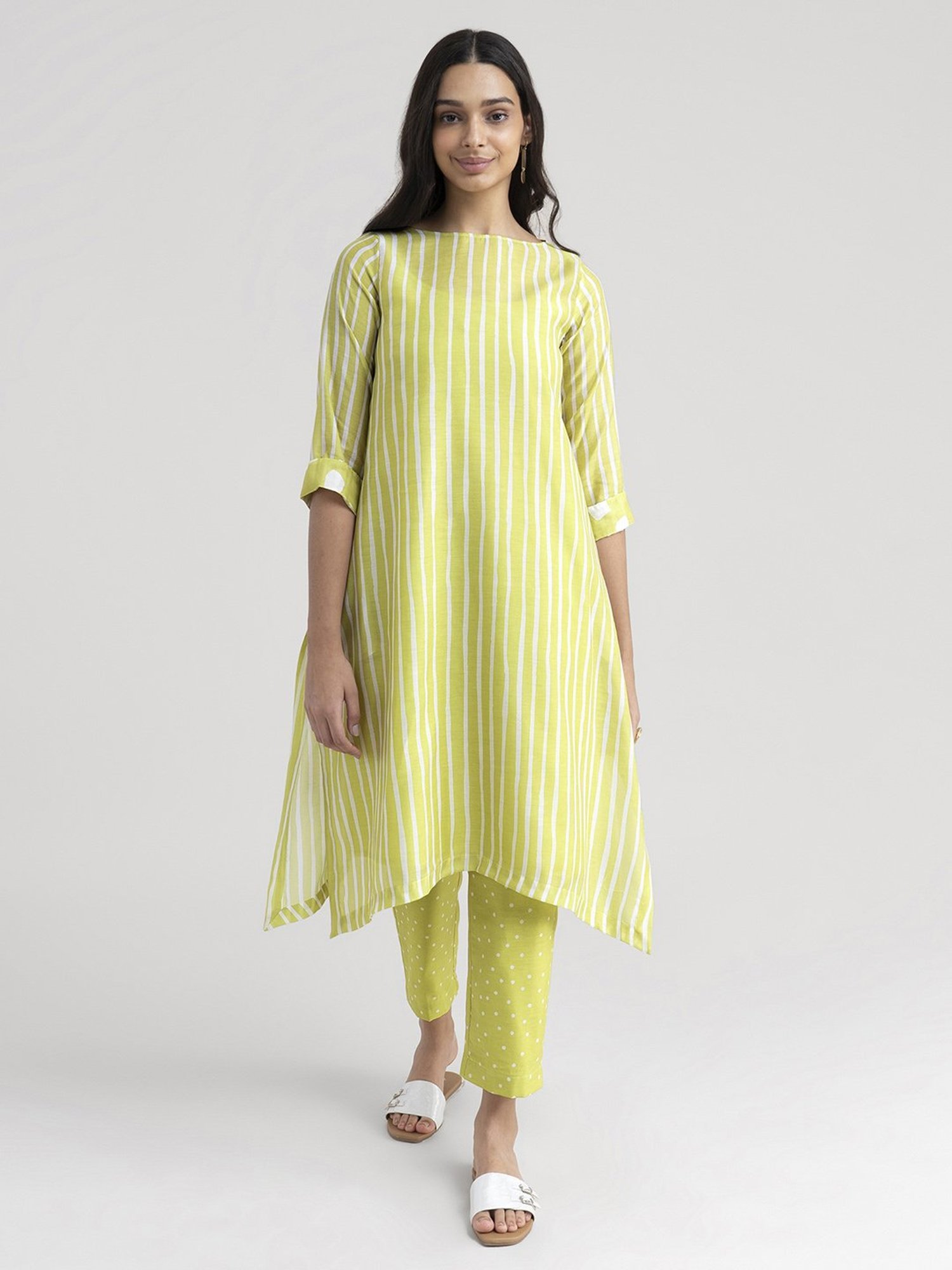 Pink Fort Lime Green Striped Kurta Pant Set