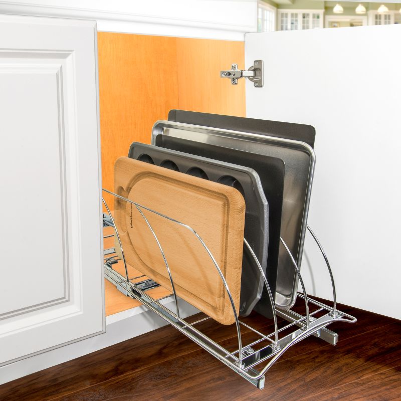 Lynk Professional Slide Out Cutting Board, Bakeware, and Tray Organizer - Pull Out Kitchen Cabinet Rack - 10" wide x 21" deep - Chrome