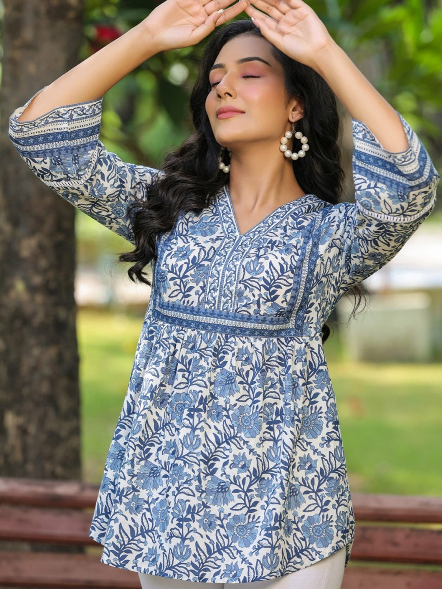 Rain and Rainbow Blue Cotton Floral Print Top