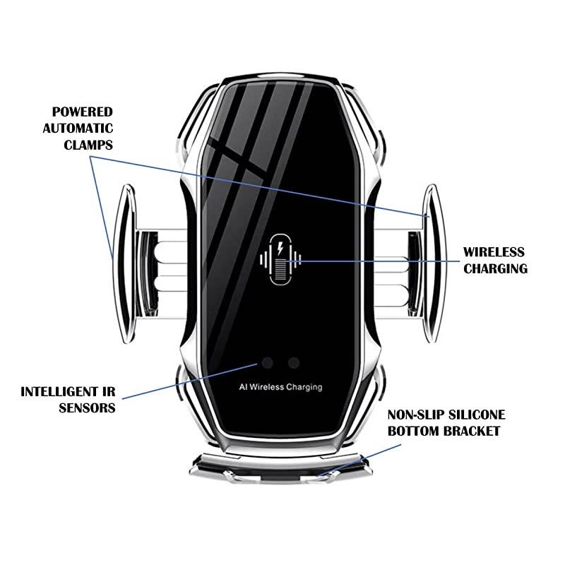 Car Charger Mount Auto Clamping with Smart IR Motion Senors, Electric Powered Automatic Clamping Car Air Vent Charging Phone Holder 10W Fast Charging for All Phones Models (Silver)