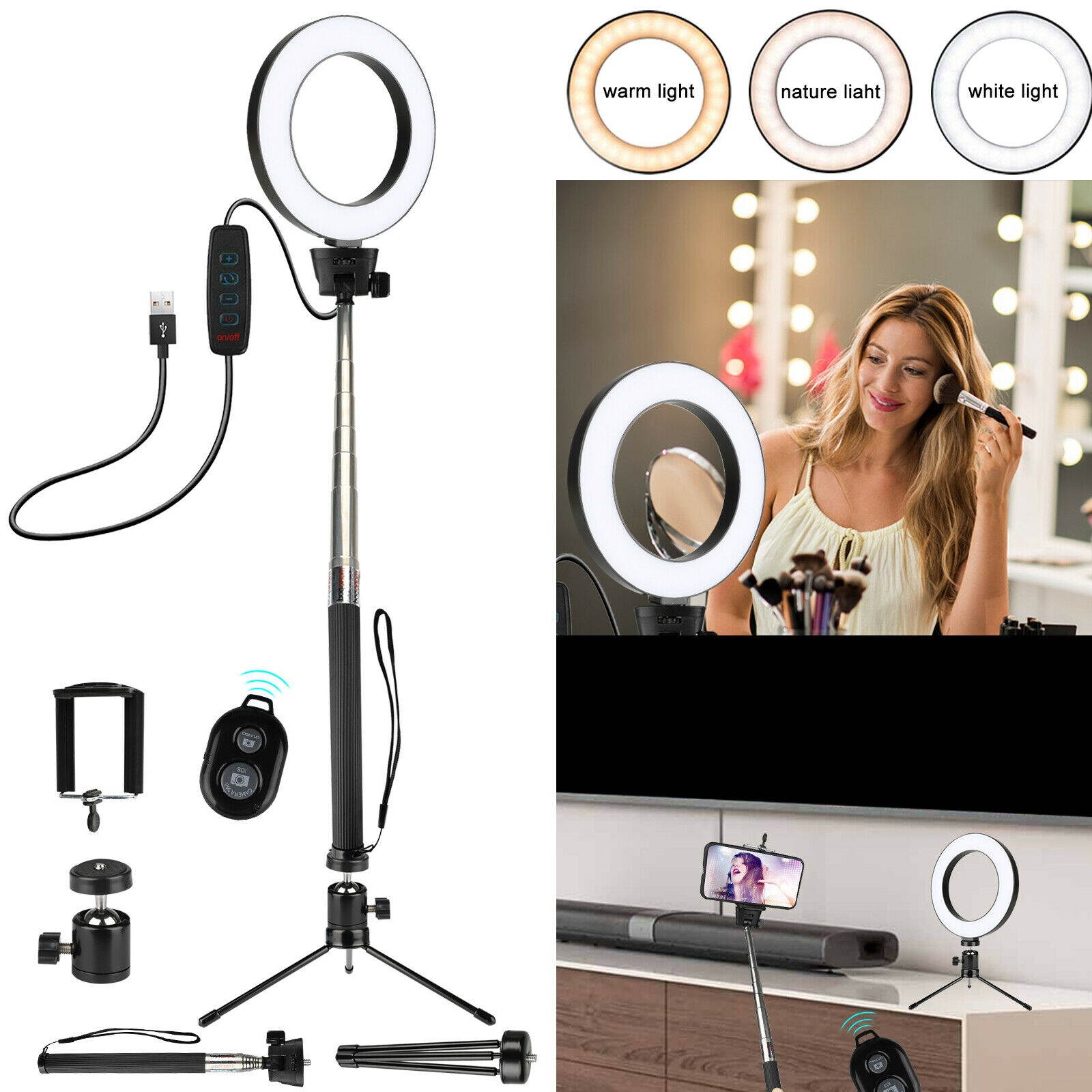 LED Selfie Ring Light with Tripod StandCell Phone Holder For Makeup Live Stream