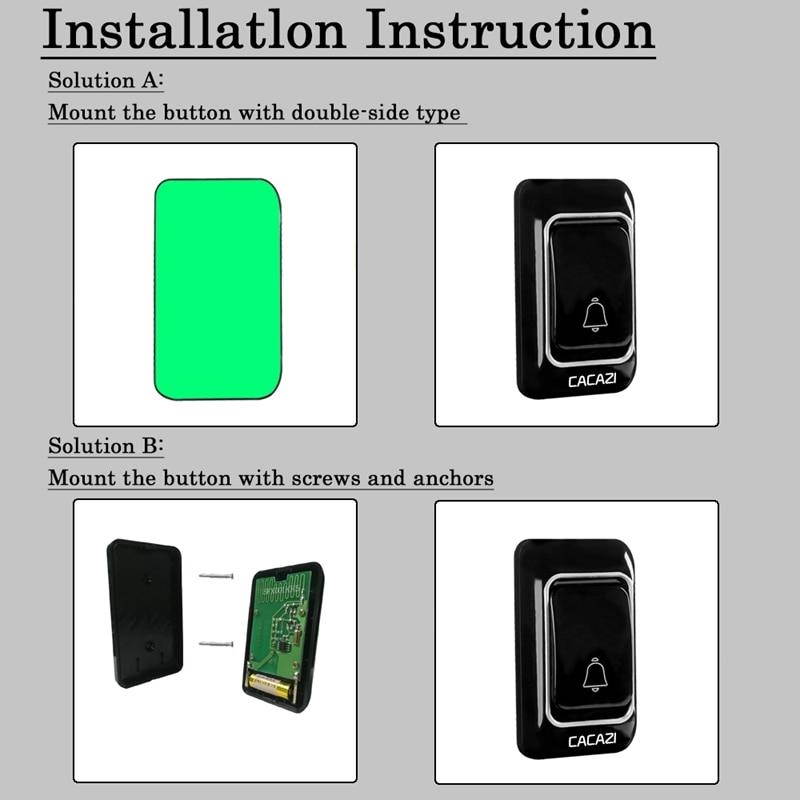 Cacazi Wireless Doorbell Waterproof Battery Button 300M Remote Receiver 36 Rings 4 Volume Home Cordless Door Bell Chime U