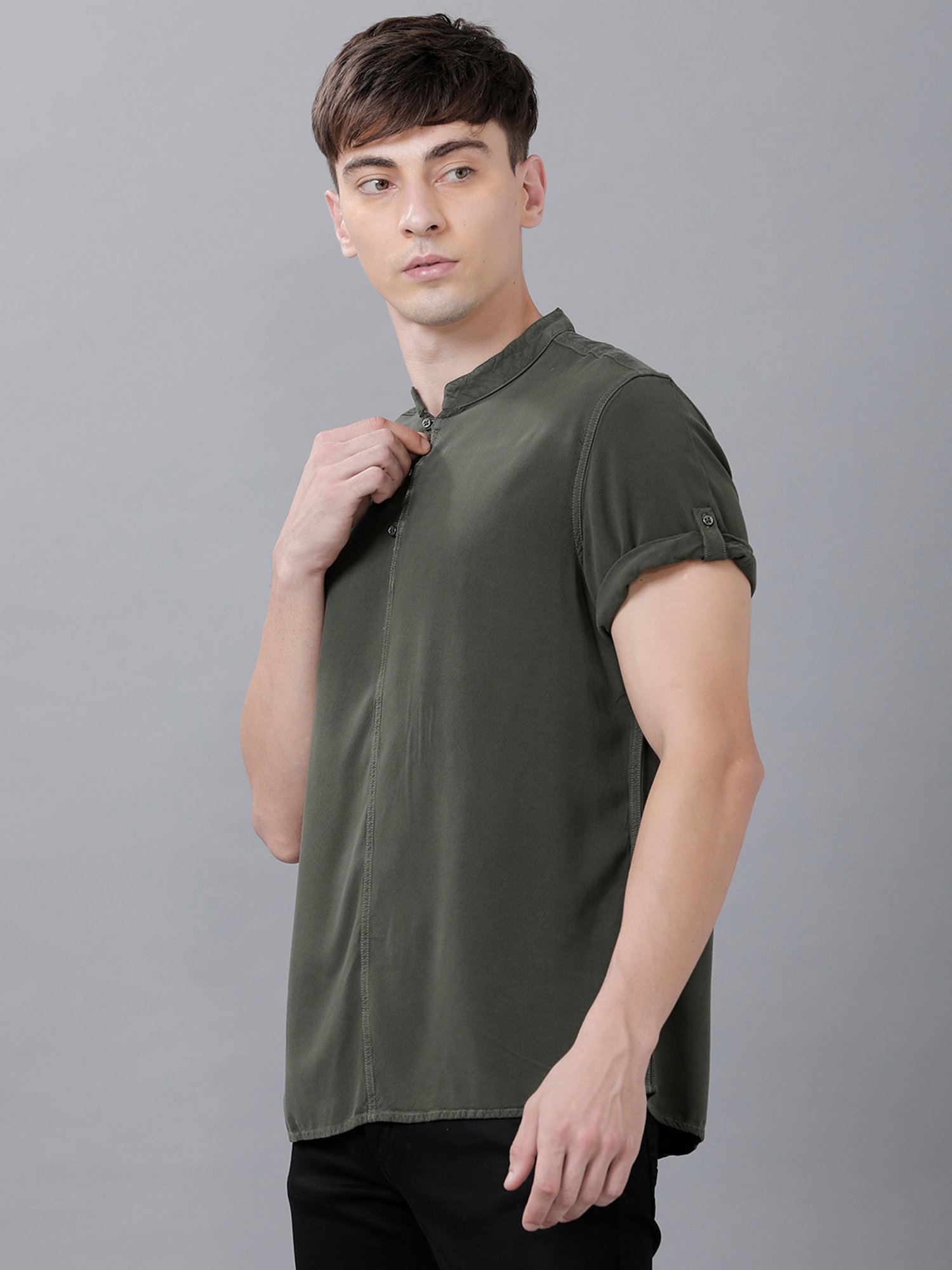 Identiti Olive Mandarin Collar Short Kurta