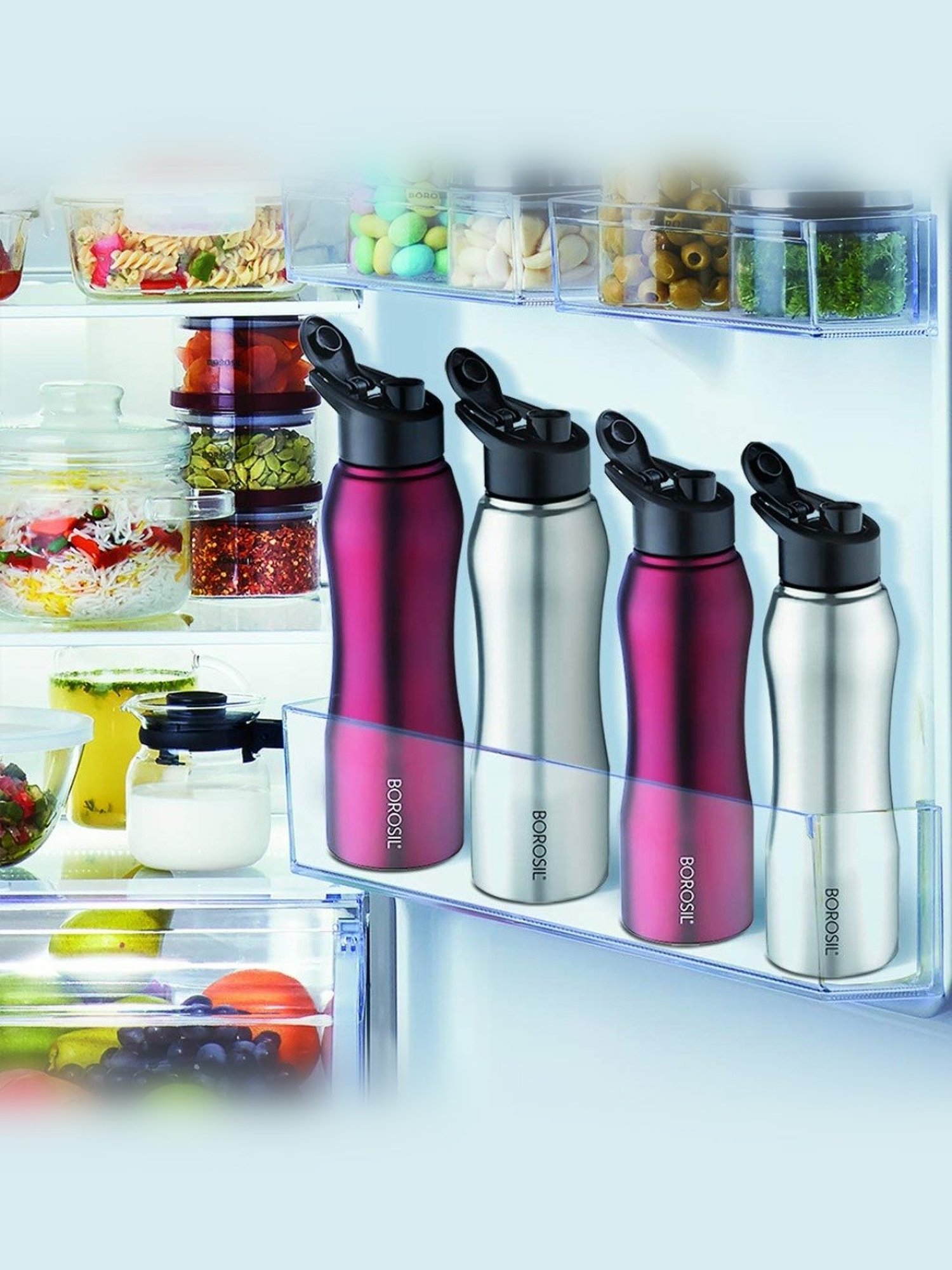Borosil Water Bottle with Single Wall & Leakproof Set of 4 (Silver, 750 ml)