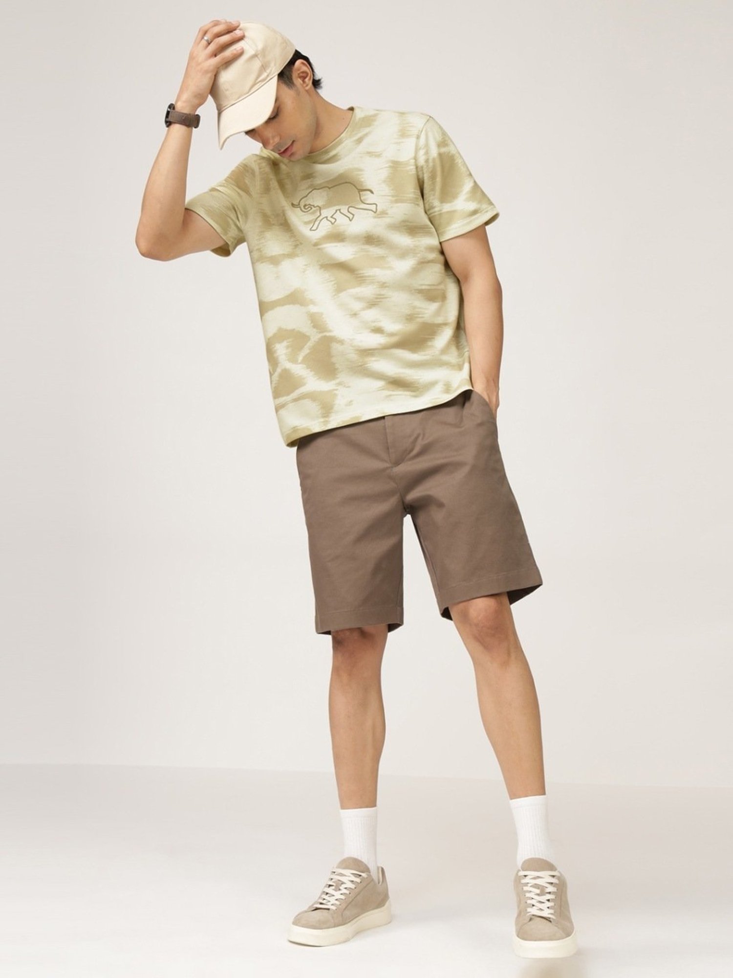 Andamen Khaki Cotton Regular Fit Printed T-Shirt