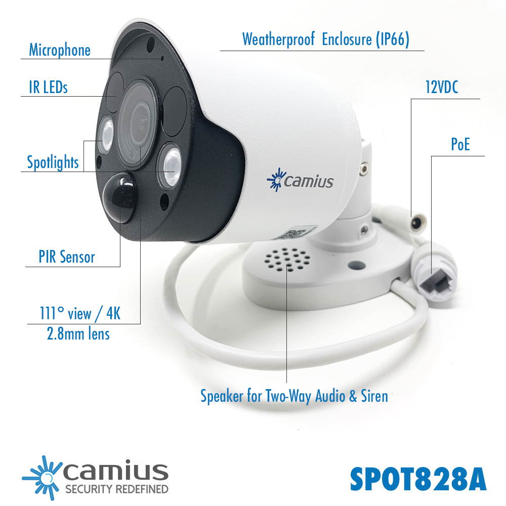 2-Pack Camius SPOT828A Smart 4K Security IP Camera 2-way Audio, powerful security spotlights, Siren, PoE wired, Color night vision, PC, mac software, browser, app, RTSP, works with 12V DC, IP66