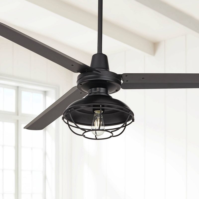 60" Casa Vieja Industrial 3 Blade Outdoor Ceiling Fan with Light Kit LED Remote Matte Black Franklin Park Caged Damp Patio Porch