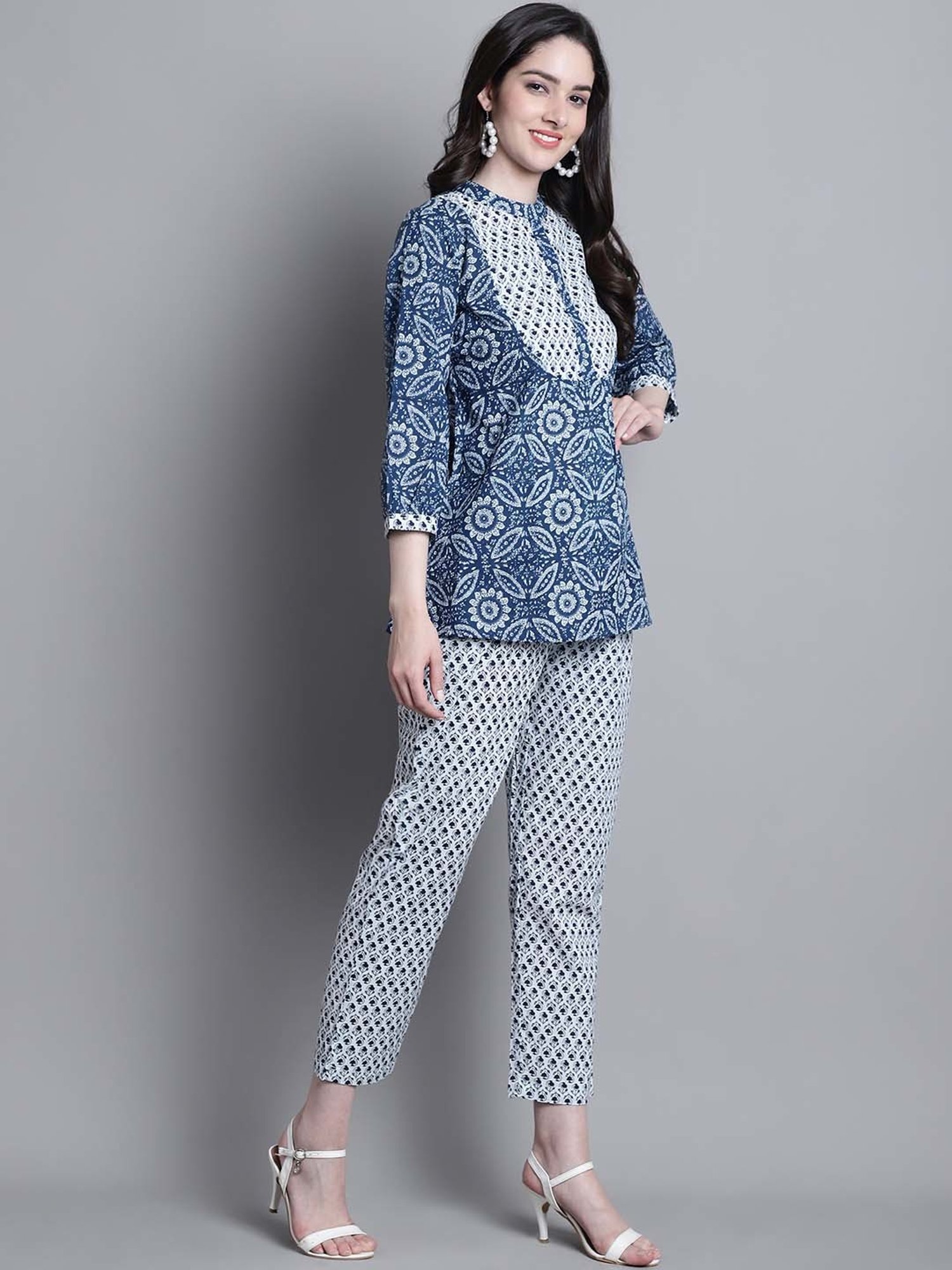 Prakrti Blue & White Cotton Printed Top Pant Set