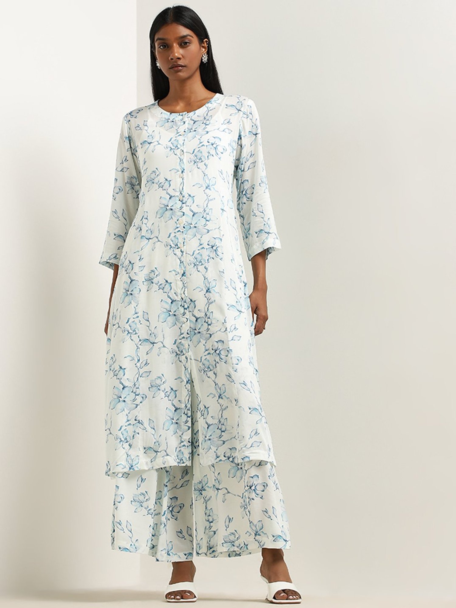 Zuba by Westside Light Blue Floral Design A-Line Kurta