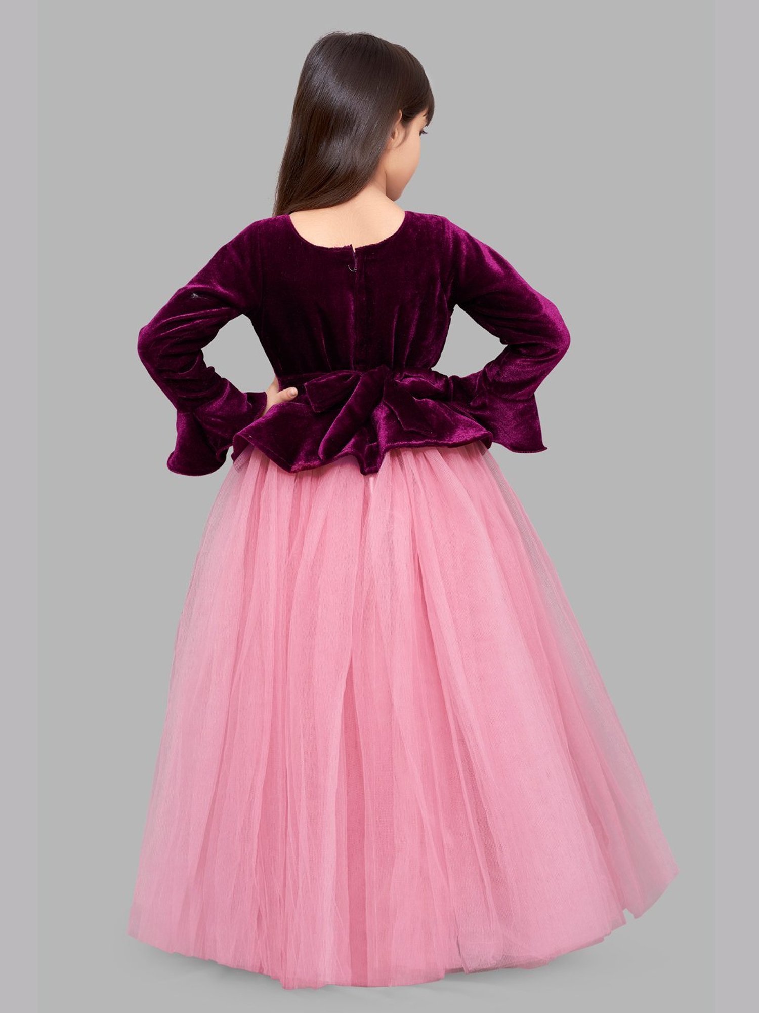 Pink Chick Kids Burgundy & Pink Solid  Full Sleeves Gown