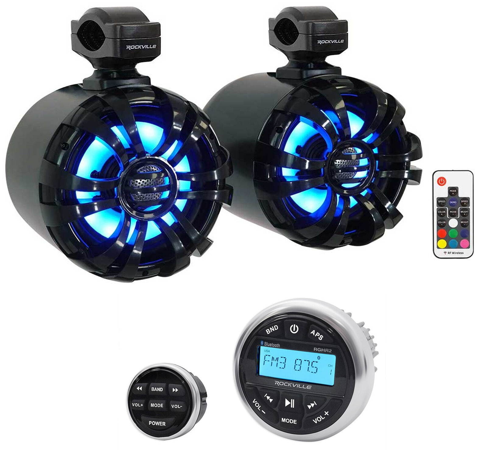 2   WB65KLED Black 6.5" LED Marine Wakeboard Swivel Tower Speakers+Radio