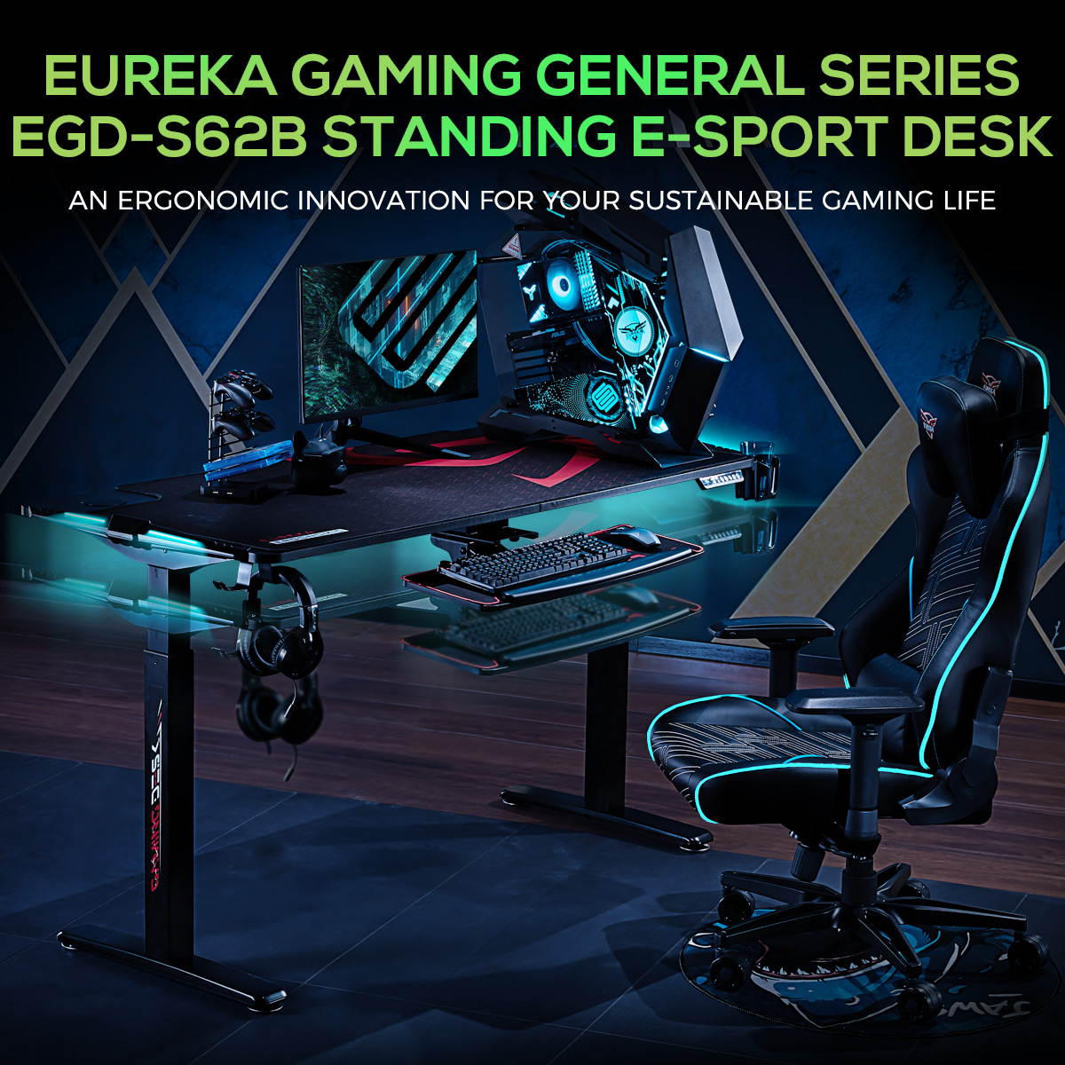 Eureka Ergonomic Gaming Height Adjustable General Series EGD-S62B Standing E-sport Desk with RGB Lighting, Black