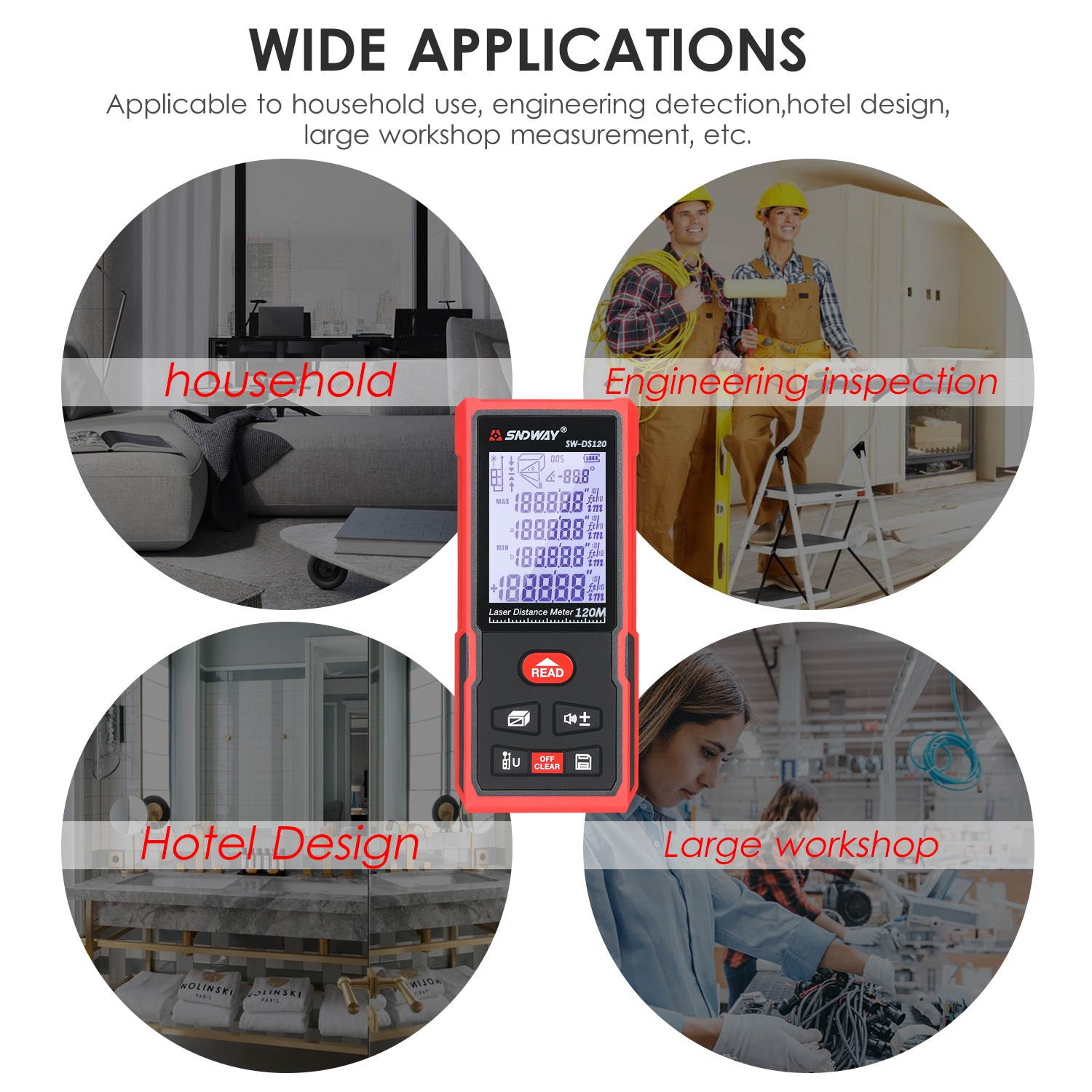 SNDWAY 120M Portable Laser Distance Meter Handheld Digital Laser Rangefinder Intelligent High Precision Infrared Electronic Ruler Laser Ruler Distance Measuring Instrument