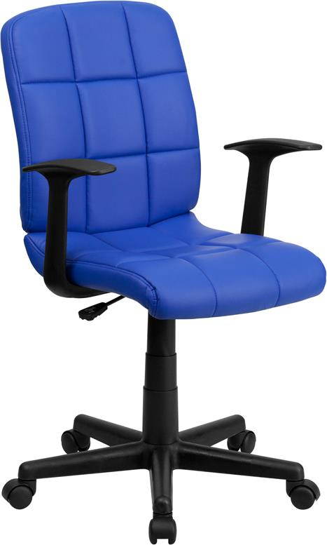 Mid-Back Blue Quilted Vinyl Swivel Task Office Chair with Arms