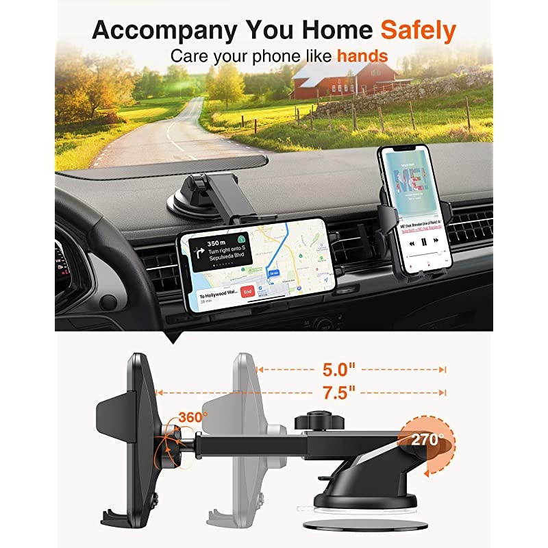 Car Phone Mount, Universal Cell Phone Holder for Car Dashboard, Windshield, Air Vent with One-Click Release Button, Compatible with iPhone, Samsung, Google, LG, HTC & More Smartphone