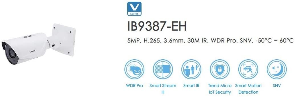 VIVOTEK IB9387-EH 5MP Smart IR WDR Pro Supreme Night Visibility Outdoor Bullet Network Camera with 3.6mm Lens