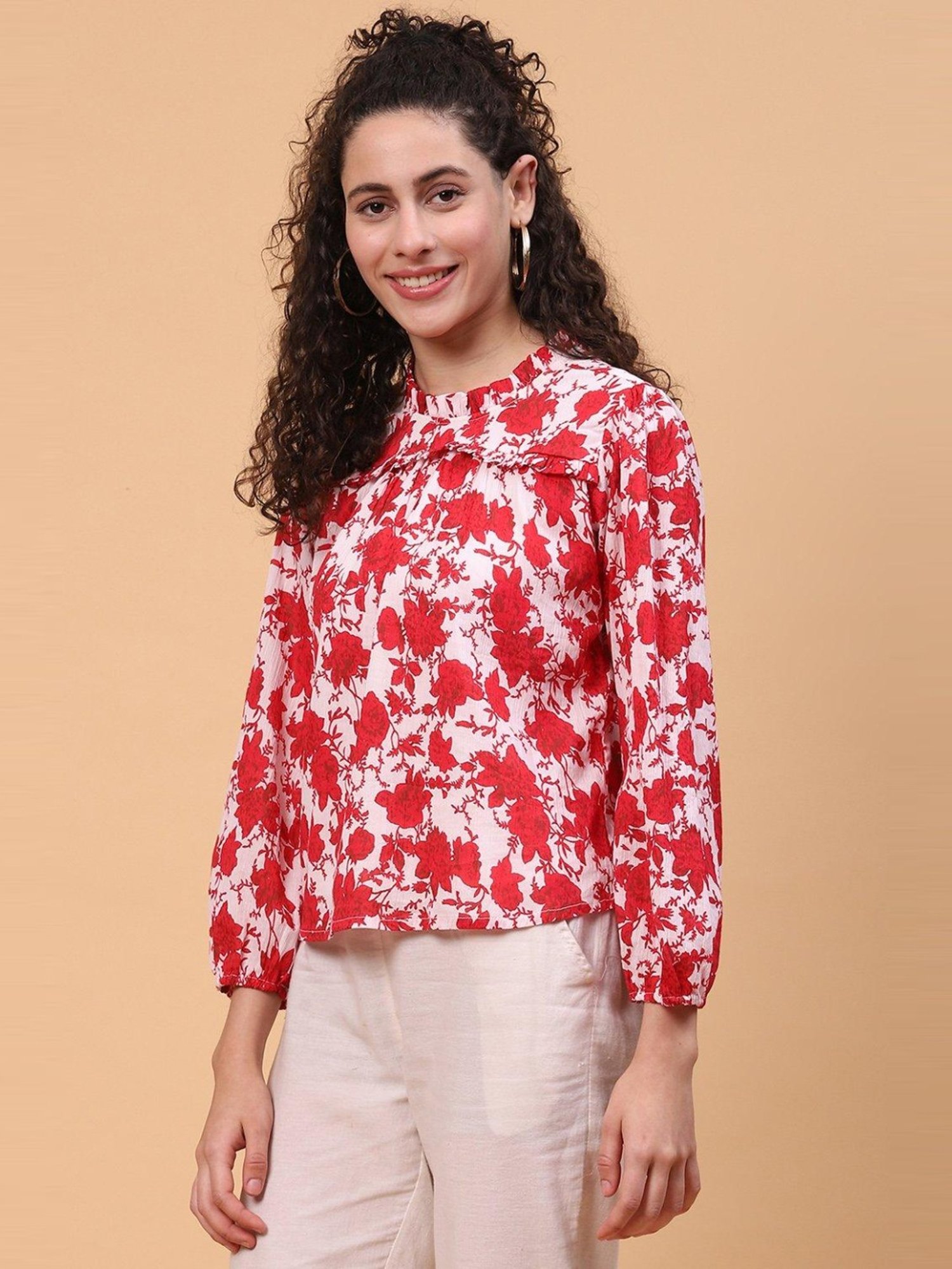 Rangriti White & Red Floral Print Top