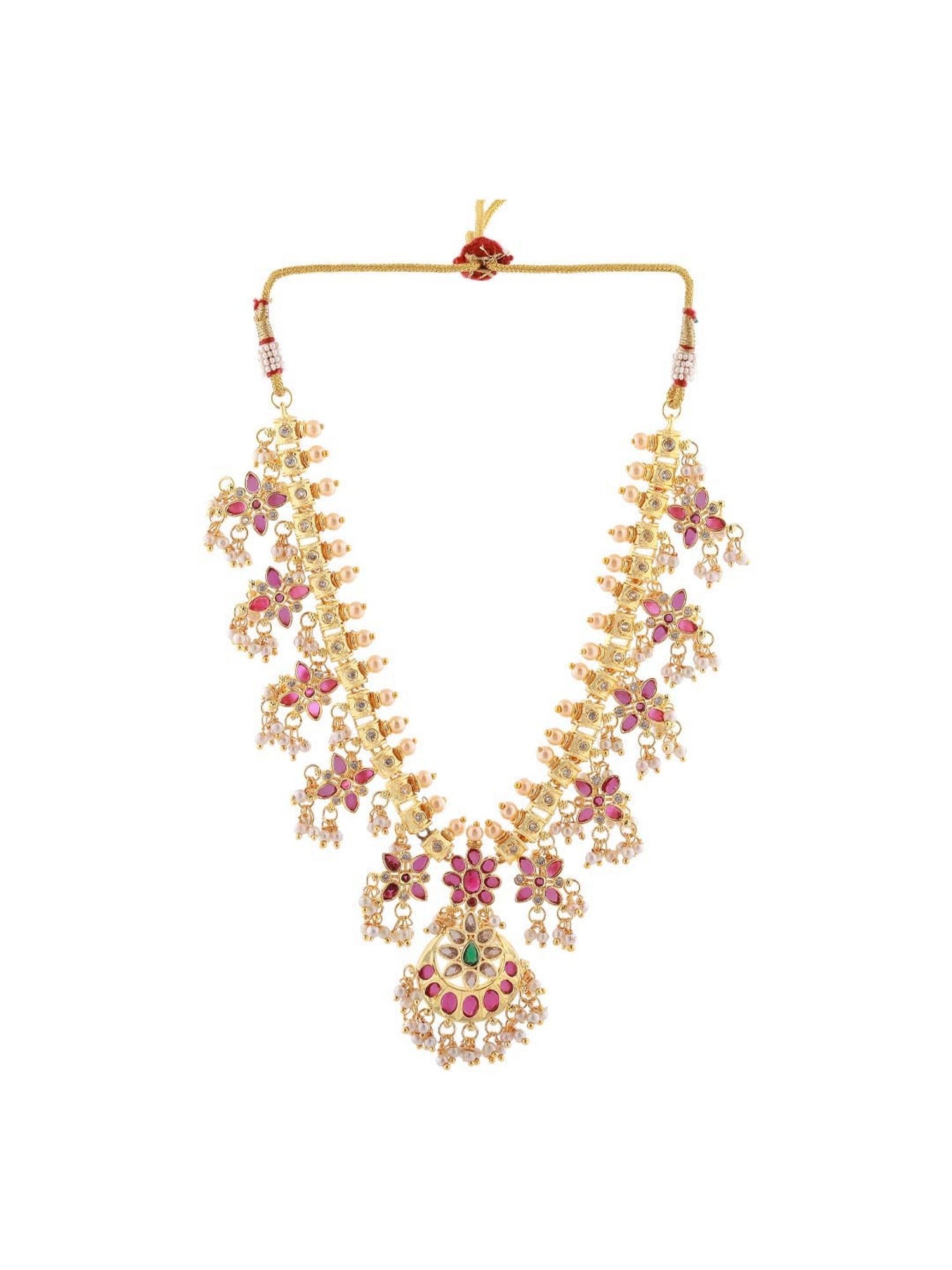 Estele Gold-Plated CZ Traditional Machilipatnam Bridal Necklace Set with Pearls for Women