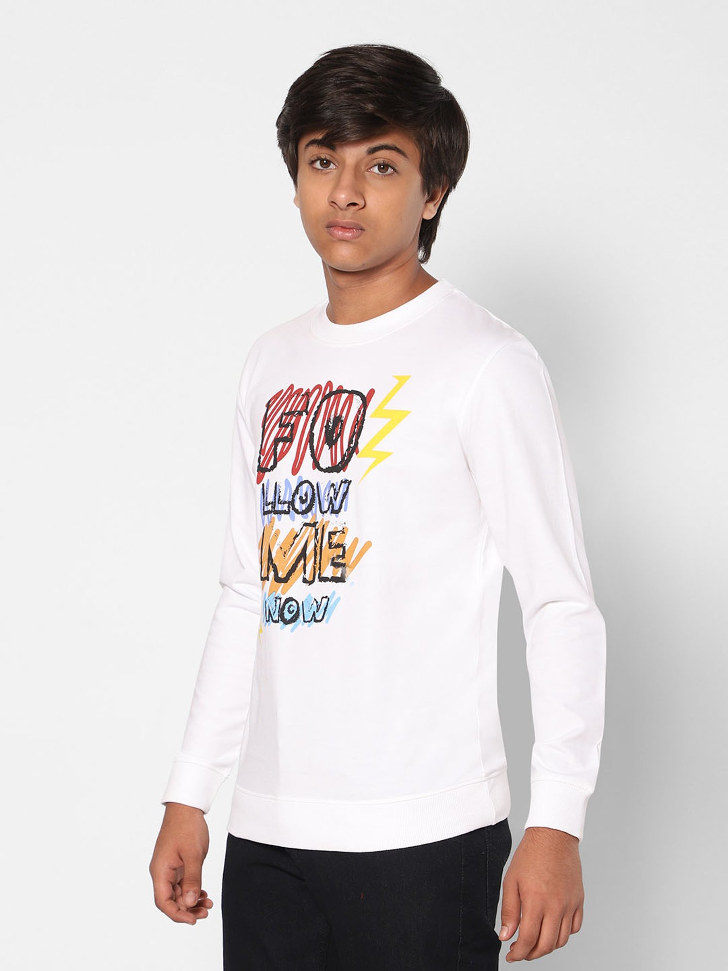 TeenTrums Boys White Printed Full Sleeves Sweatshirt