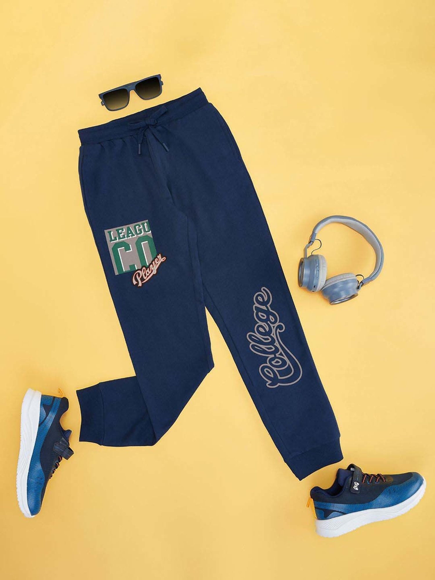Pantaloons Junior Boys Estate Blue Cotton Printed Track Bottoms & Joggers