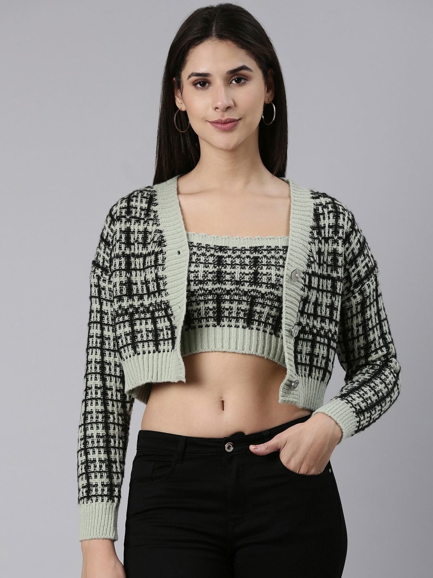 SHOWOFF Sea Green & Black Crochet Pattern Front-Open Cropped Sweater