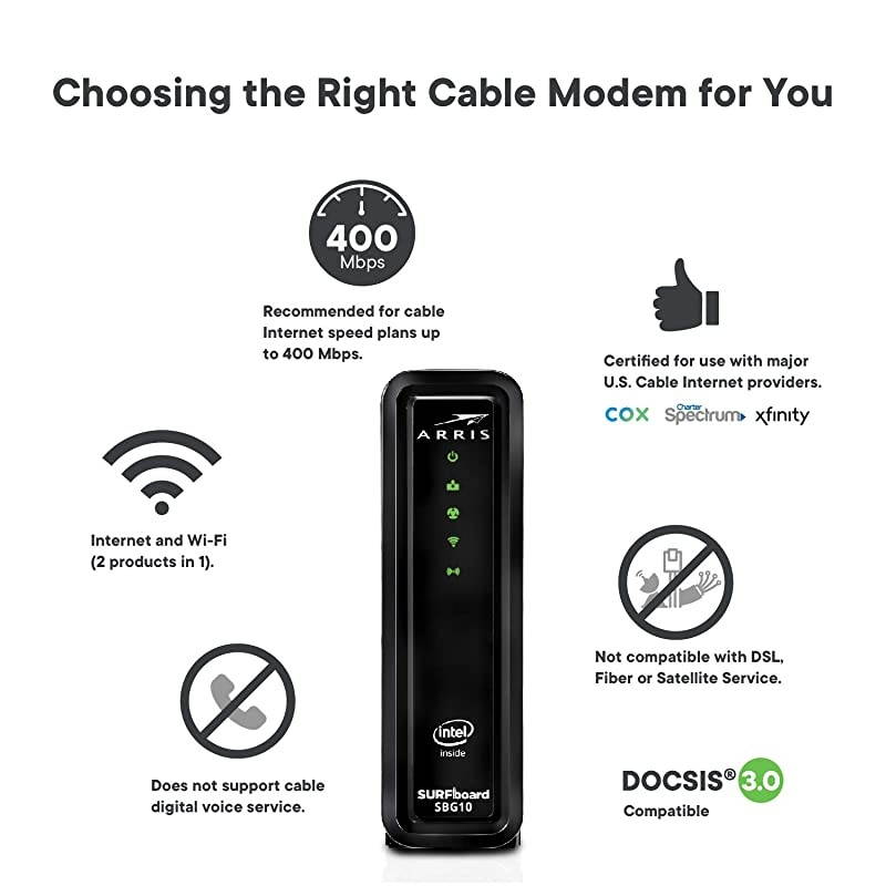SURFboard SBG10 DOCSIS 3.0 Cable Modem & AC1600 Dual Band Wi-Fi Router, Approved for Cox, Spectrum, Xfinity & others (black)