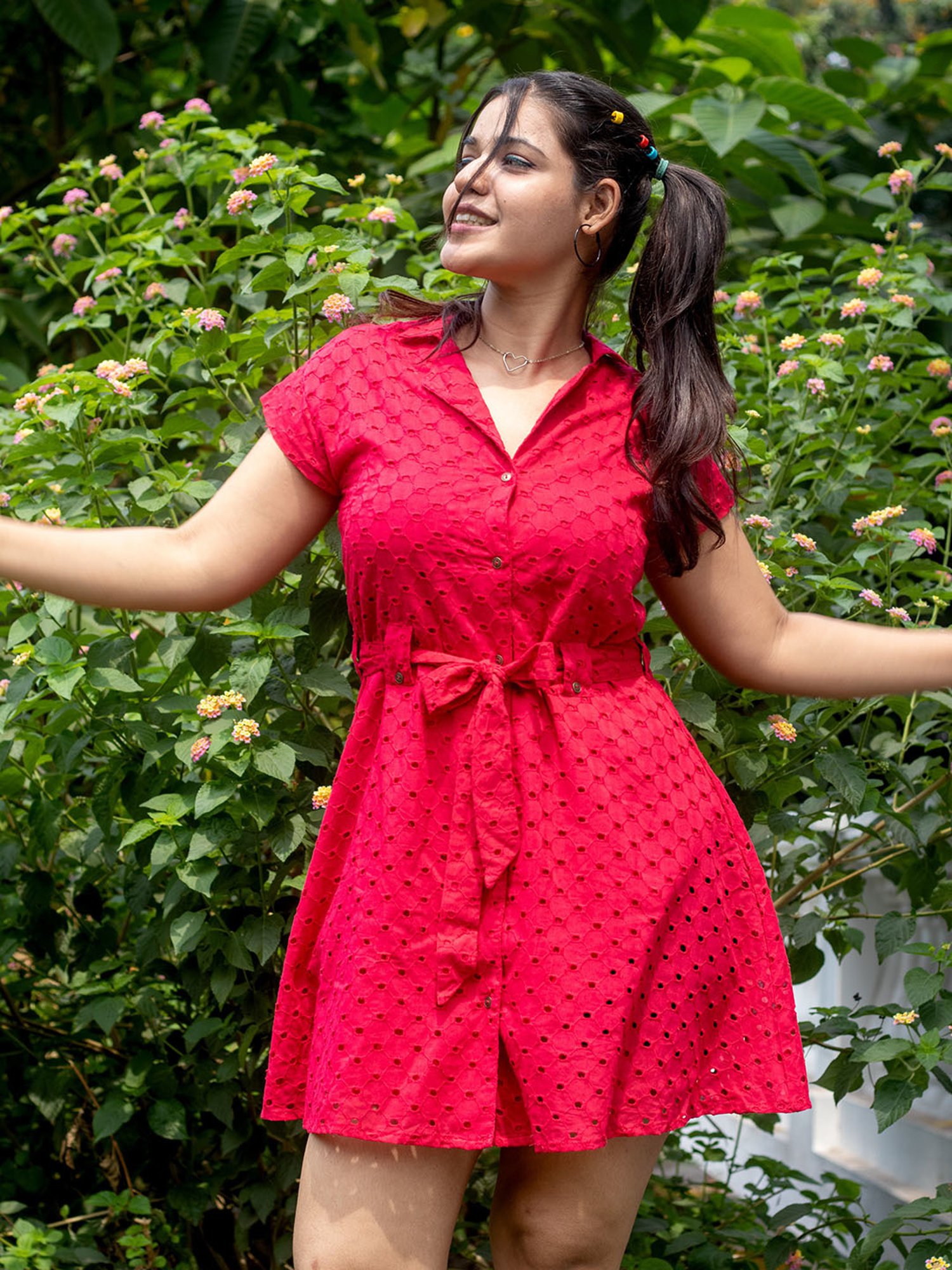 TeenTrums Girls Red Self Design Shirt Dress