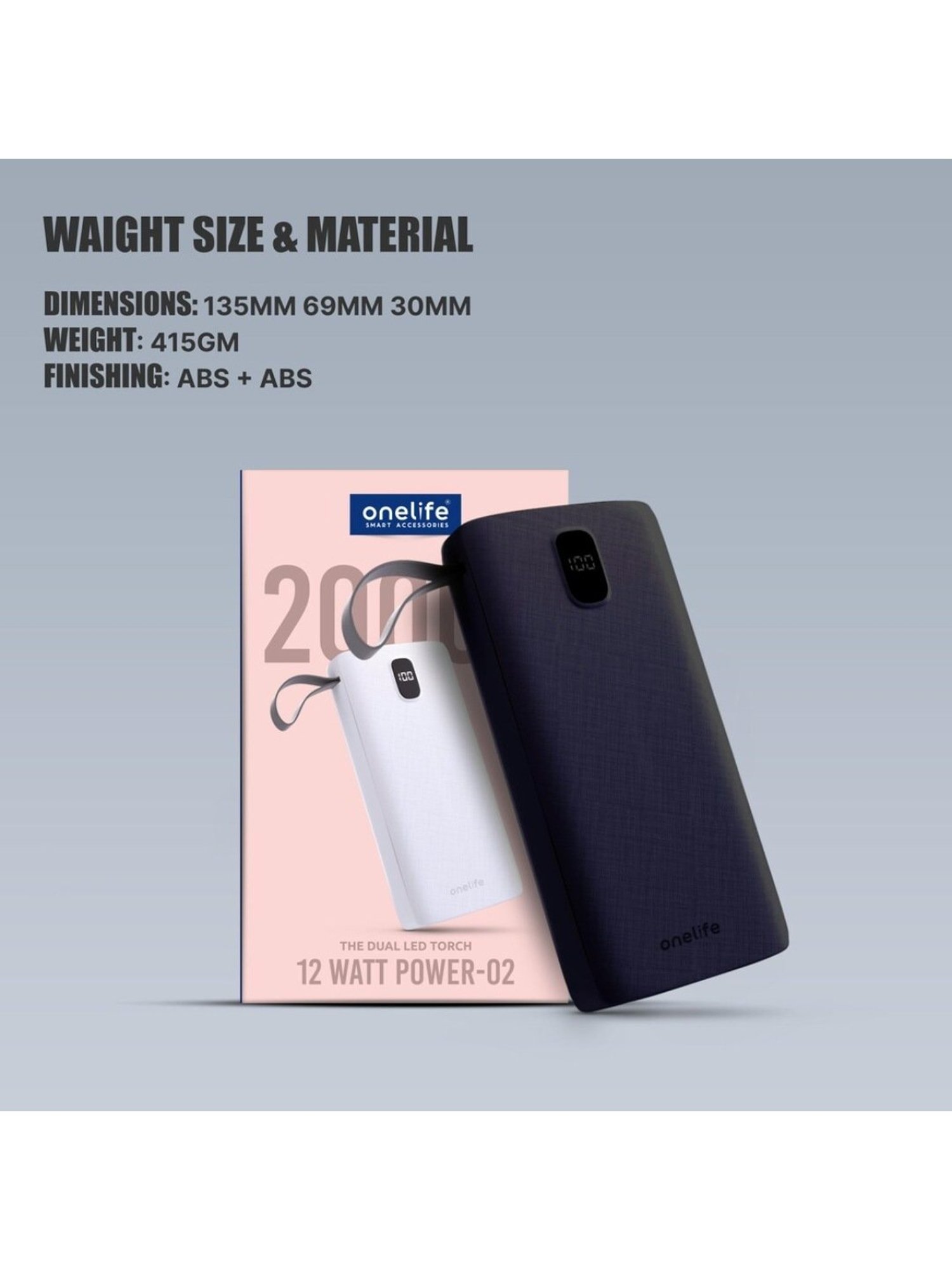 Onelife Power 02, 20000mAh 12W Lithium-Polymer Power Bank with Dual Input, Dual Output (Black)