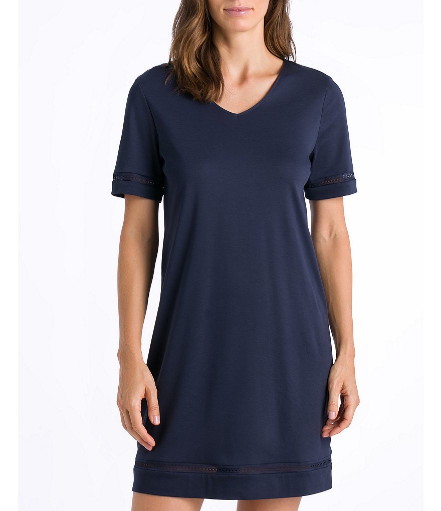 Hanro Sania Solid Interlock Short Sleeve V-Neck Sleep Nightgown