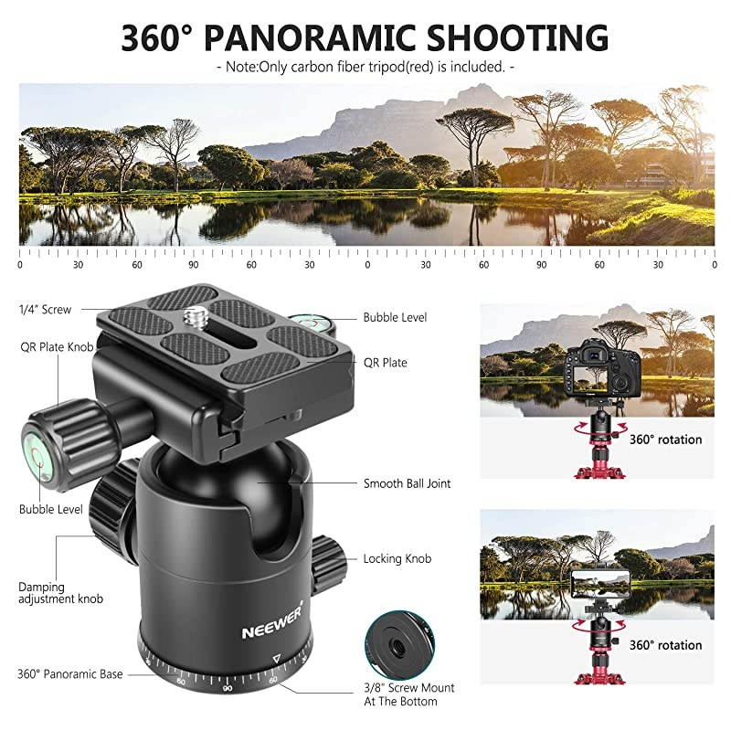 66 inches168 centimeters Carbon Fiber Camera Tripod Monopod with 360 Degree Ball Head 14 inch Quick Shoe Plate and Bag for DSLR Camera Video Camcorder Travel and WorkLoad up to 33lbs15kg