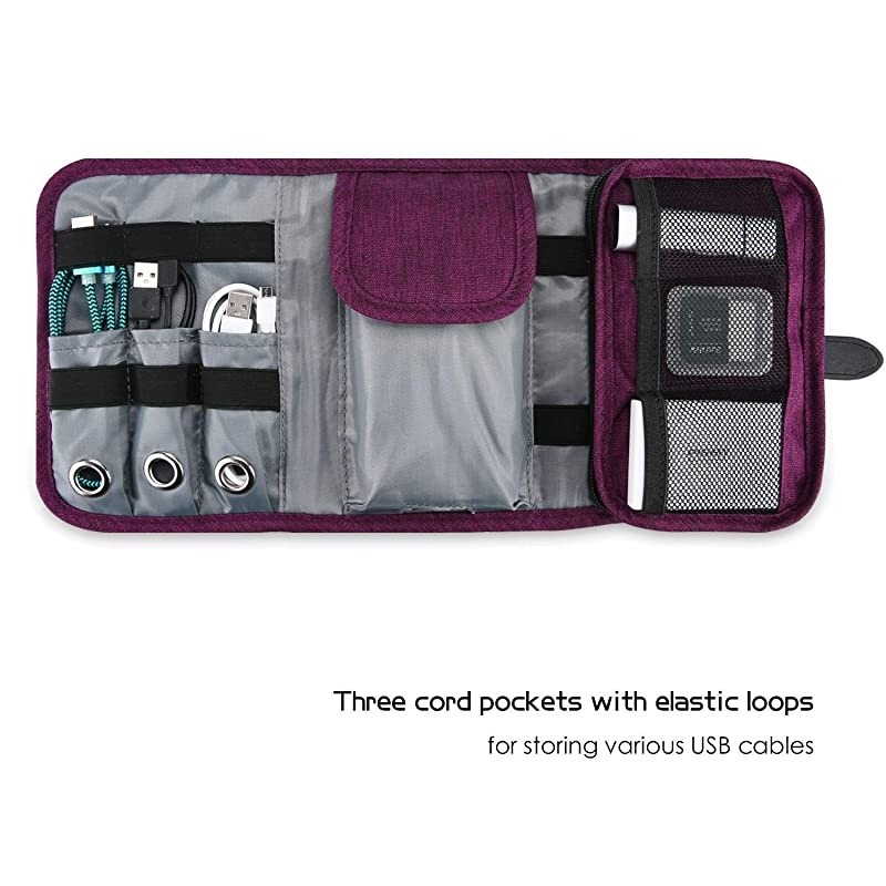 Travel Gadgets Organizer Bag, Universal Electronic Accessories Cable Roll-Up Pouch Portable Gear Storage Carrying Cover for Cords SD Memory Cards Earphone Hard Drive &ndash;Purple