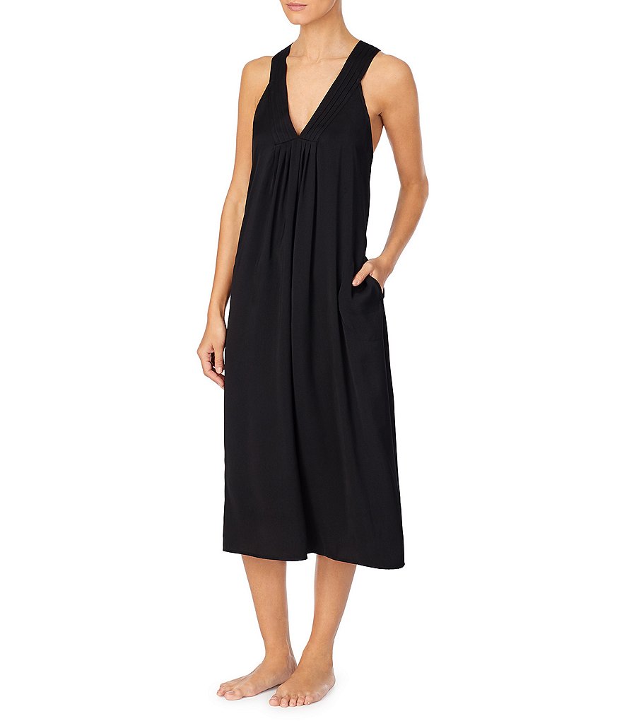 Donna Karan Sleepwear Solid Woven Pleated V Neck Long Chemise With Pockets