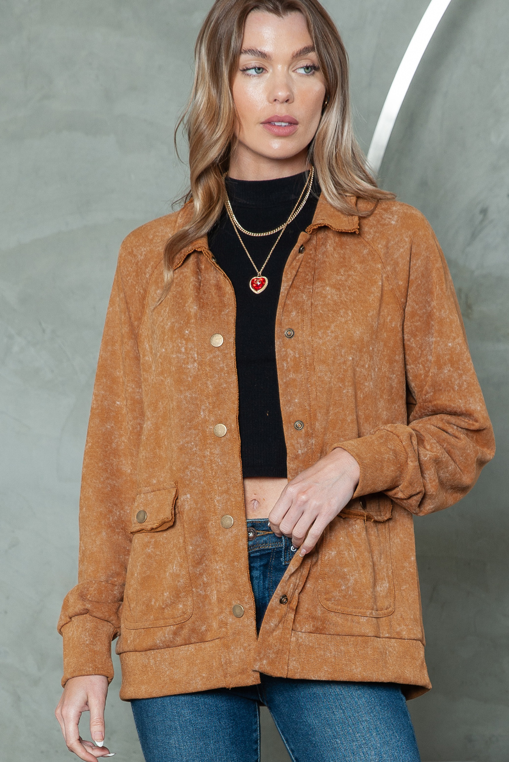 Khaki Snap Button Casual Jacket with Flap Pockets