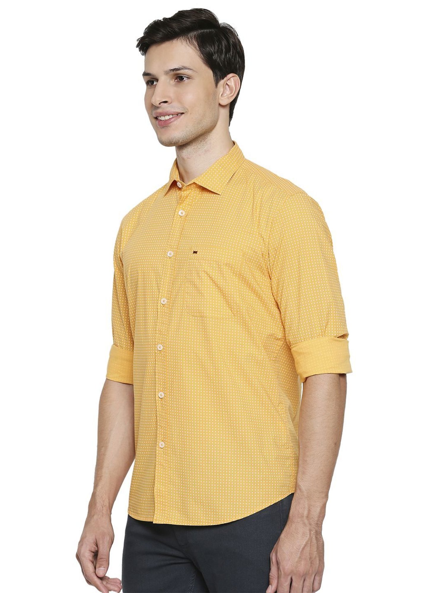 Basics Yellow Cotton Slim Fit Printed Shirt