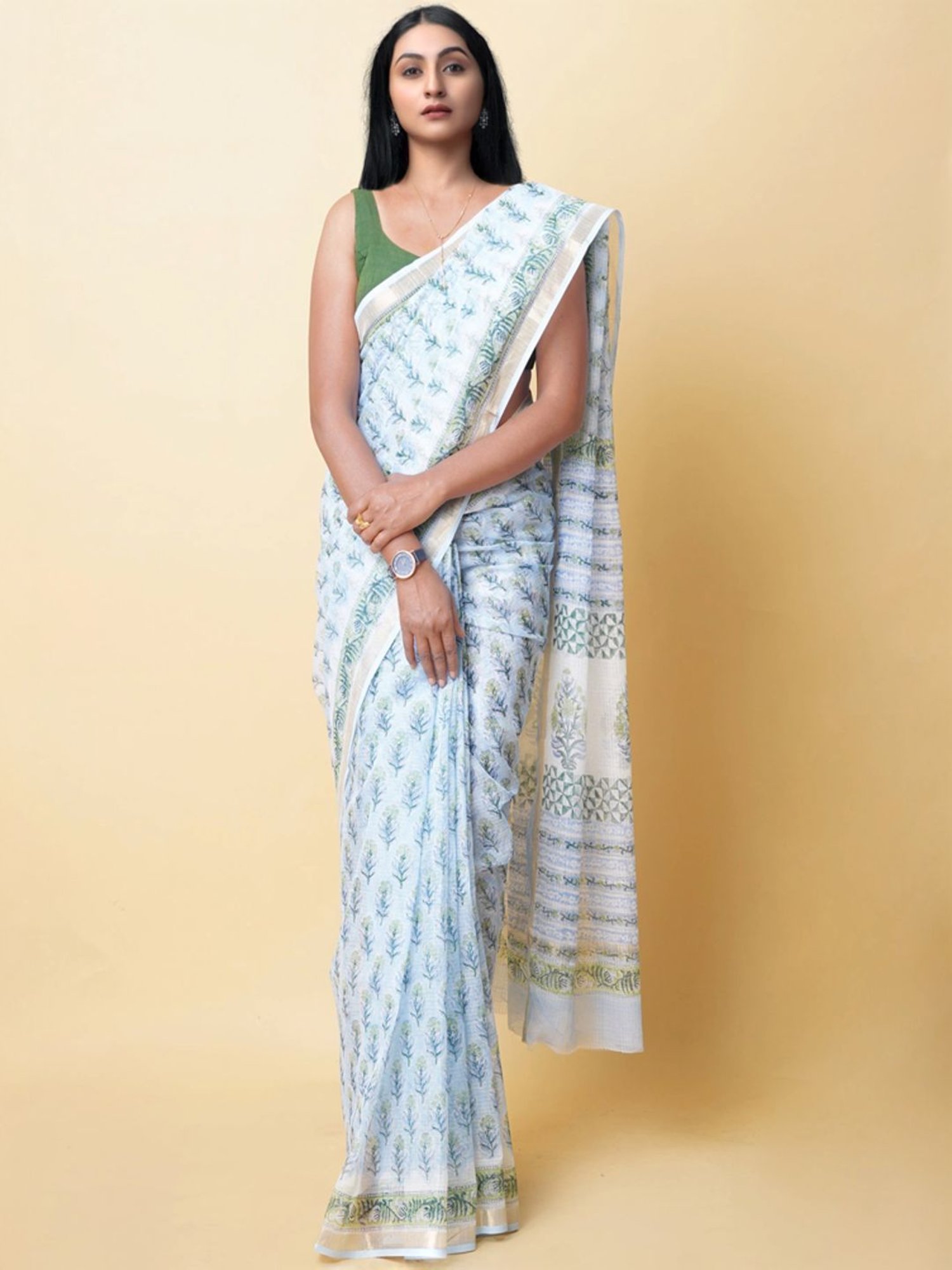 Unnati Silks White & Green Floral Print Saree With Unstitched Blouse