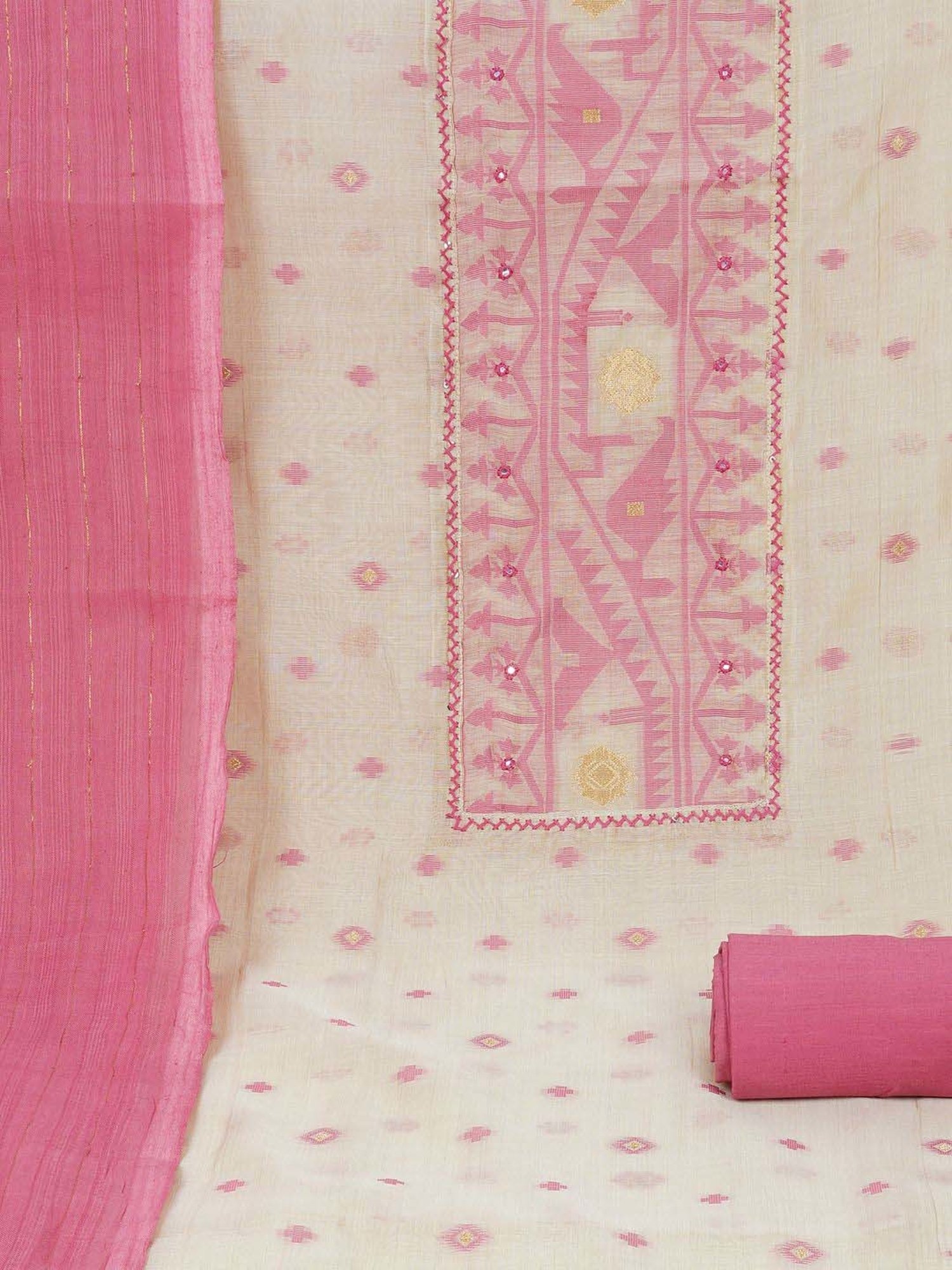 Kami Kubi White & Pink Embroidered Unstitched Dress Material