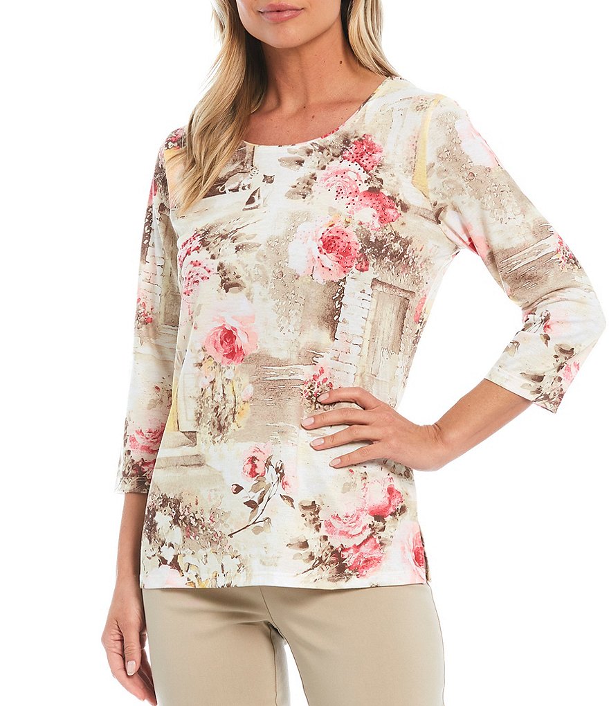 Allison Daley Petite Size Country Garden Print Rhinestone Embellished Detail 3/4 Sleeve Jewel Neck Top