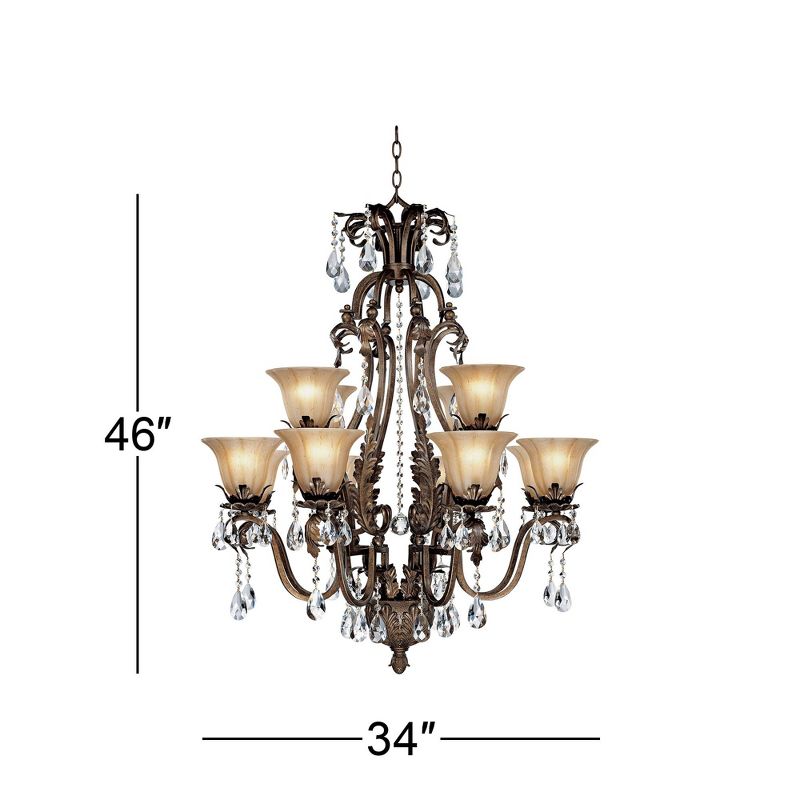 Regency Hill Roman Bronze Large Chandelier 34" Wide Two Tier Iron Leaf Crystal Creme Smoke Glass 12-Light Fixture for Dining Room