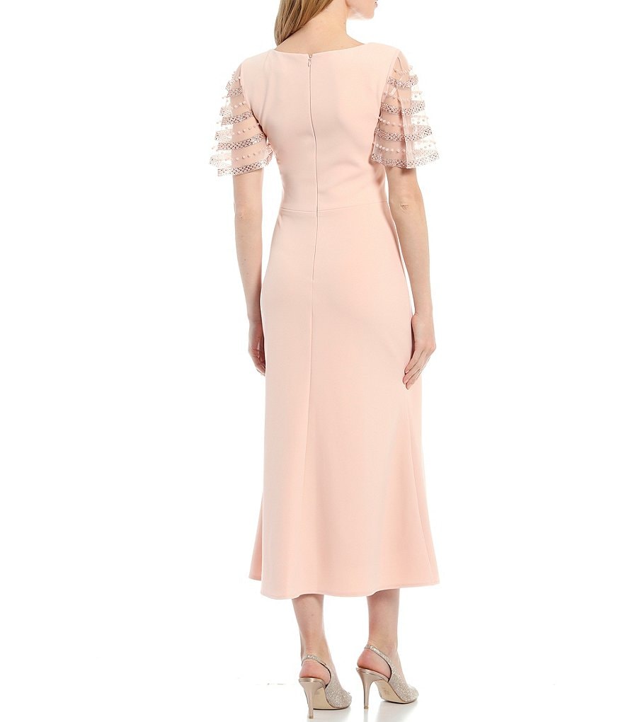 Betsy & Adam Square Neck Beaded Flutter Short Sleeve Midi Dress