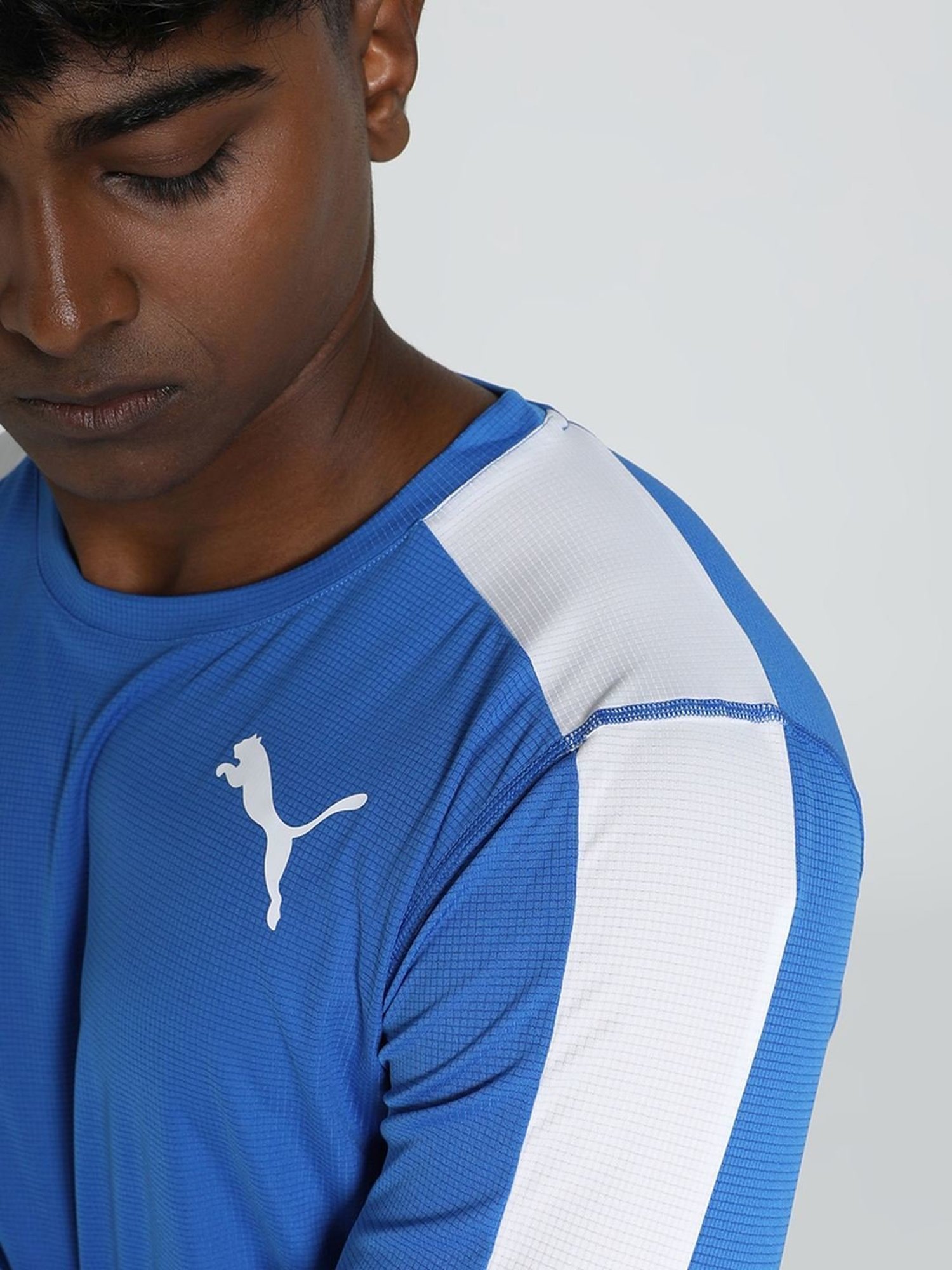 Puma Team Power Blue-Puma White Regular Fit Colour Block Sports T-Shirt