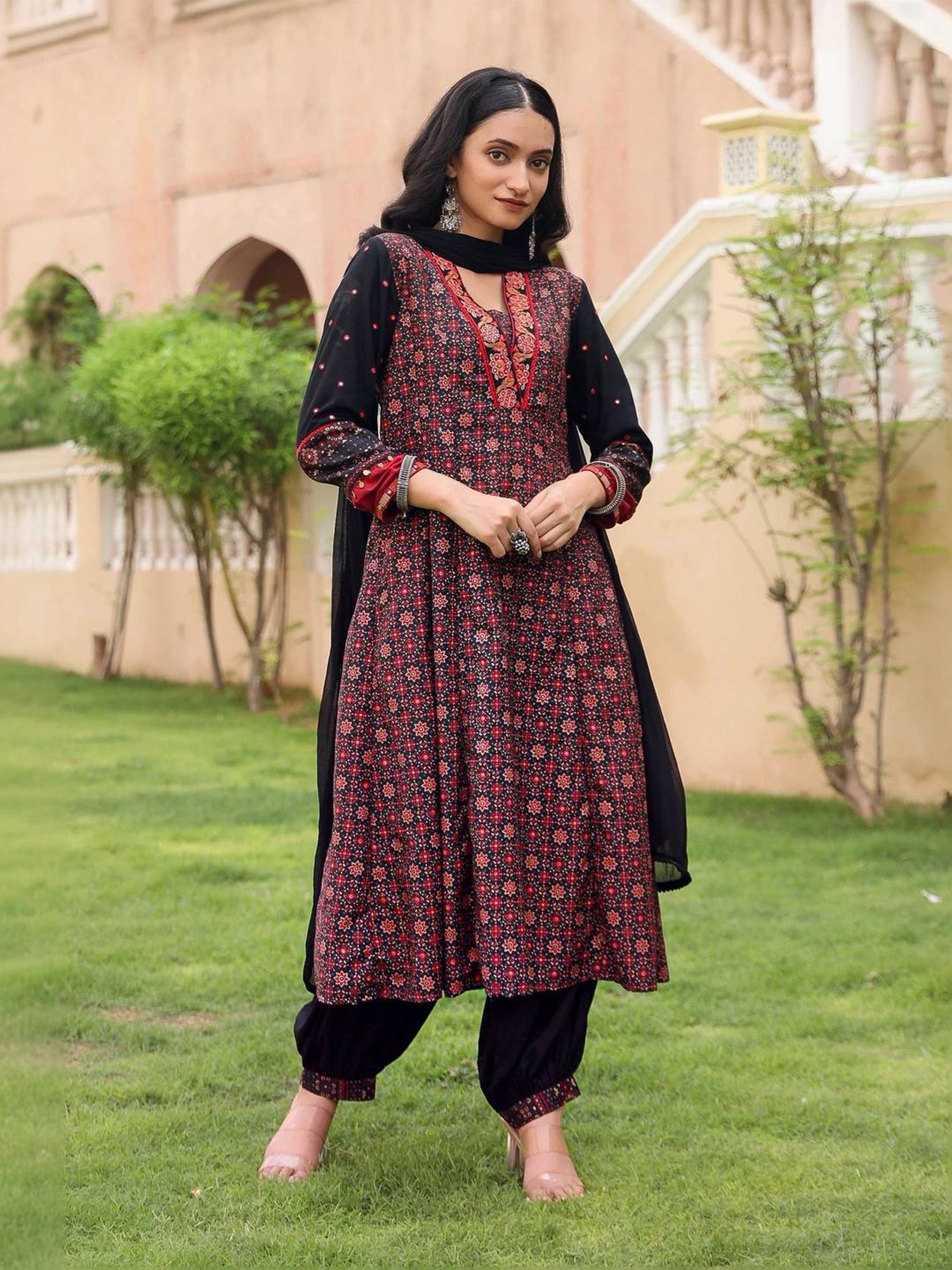 Juniper Black Cotton Embroidered Kurta Pant Set With Dupatta