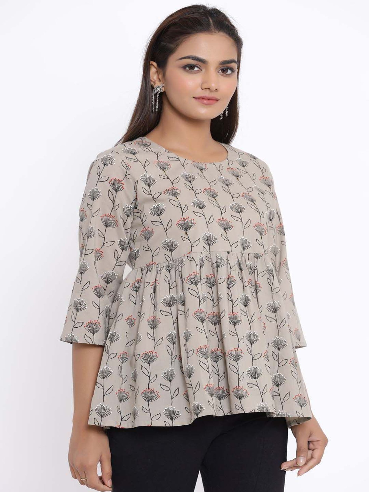 Miravan Grey Cotton Printed A Line Short Kurti