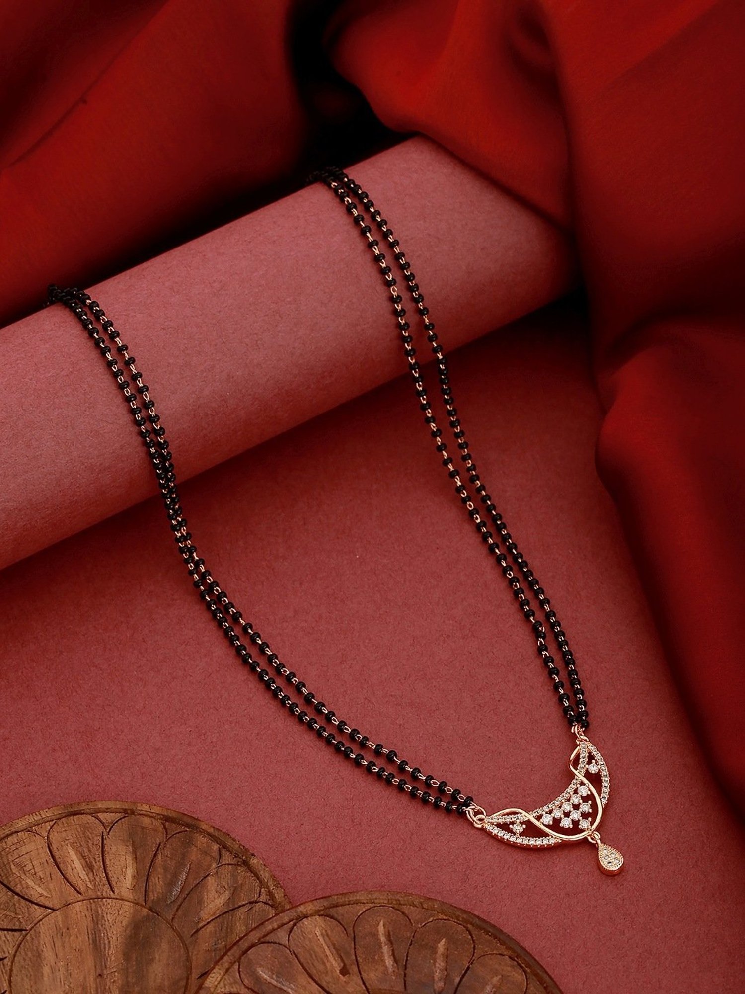 Abdesigns Gold-Plated American Diamond & Black Beaded Mangalsutra