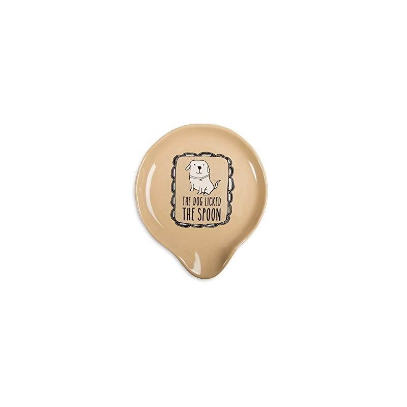 It's Cats & Dogs-"The Dog Licked The Spoon" Tan Ceramic Spoon Rest, Small, Beige