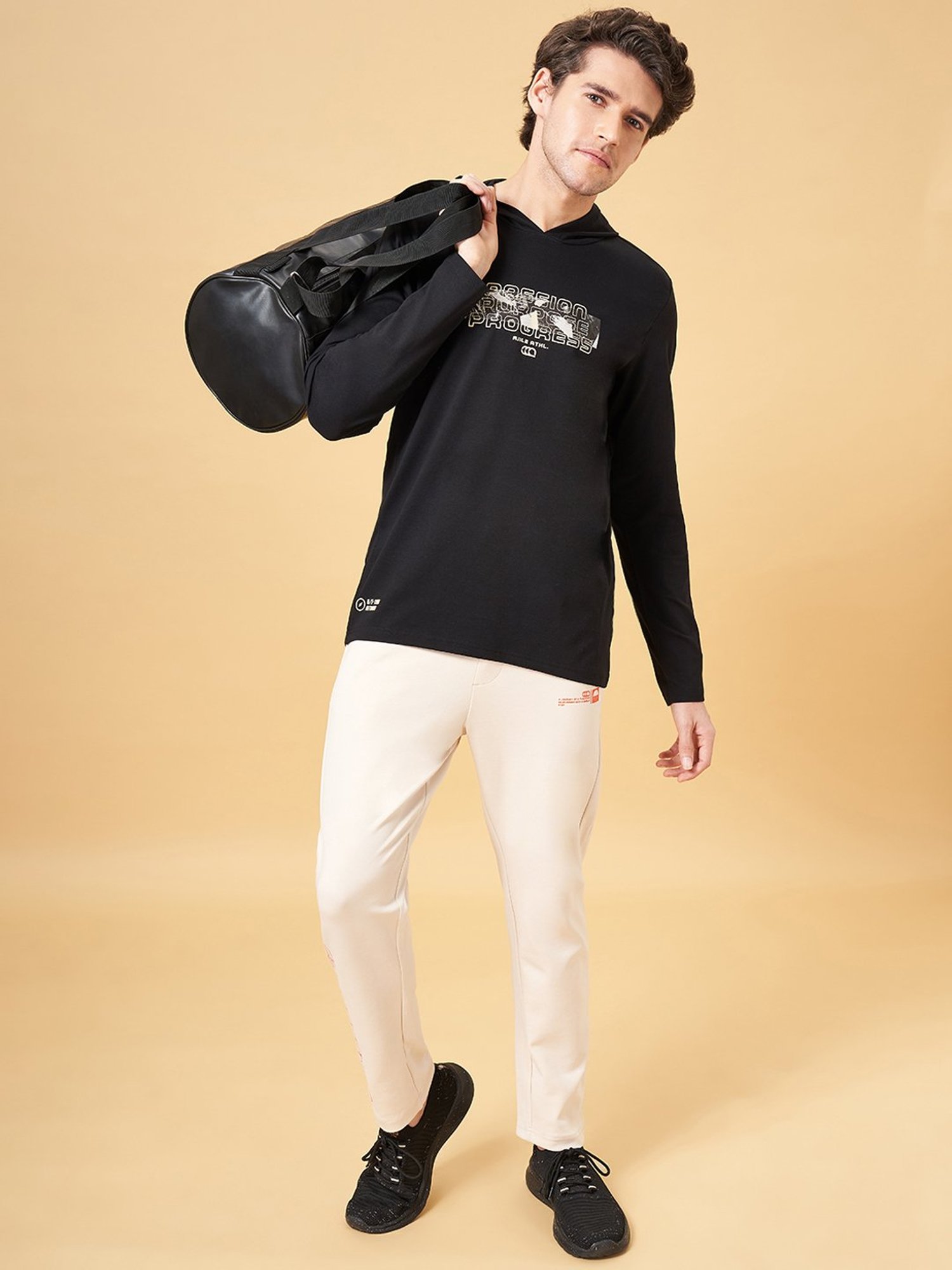 Ajile by Pantaloons Jet Black Slim Fit Graphic Print Hooded T-Shirt